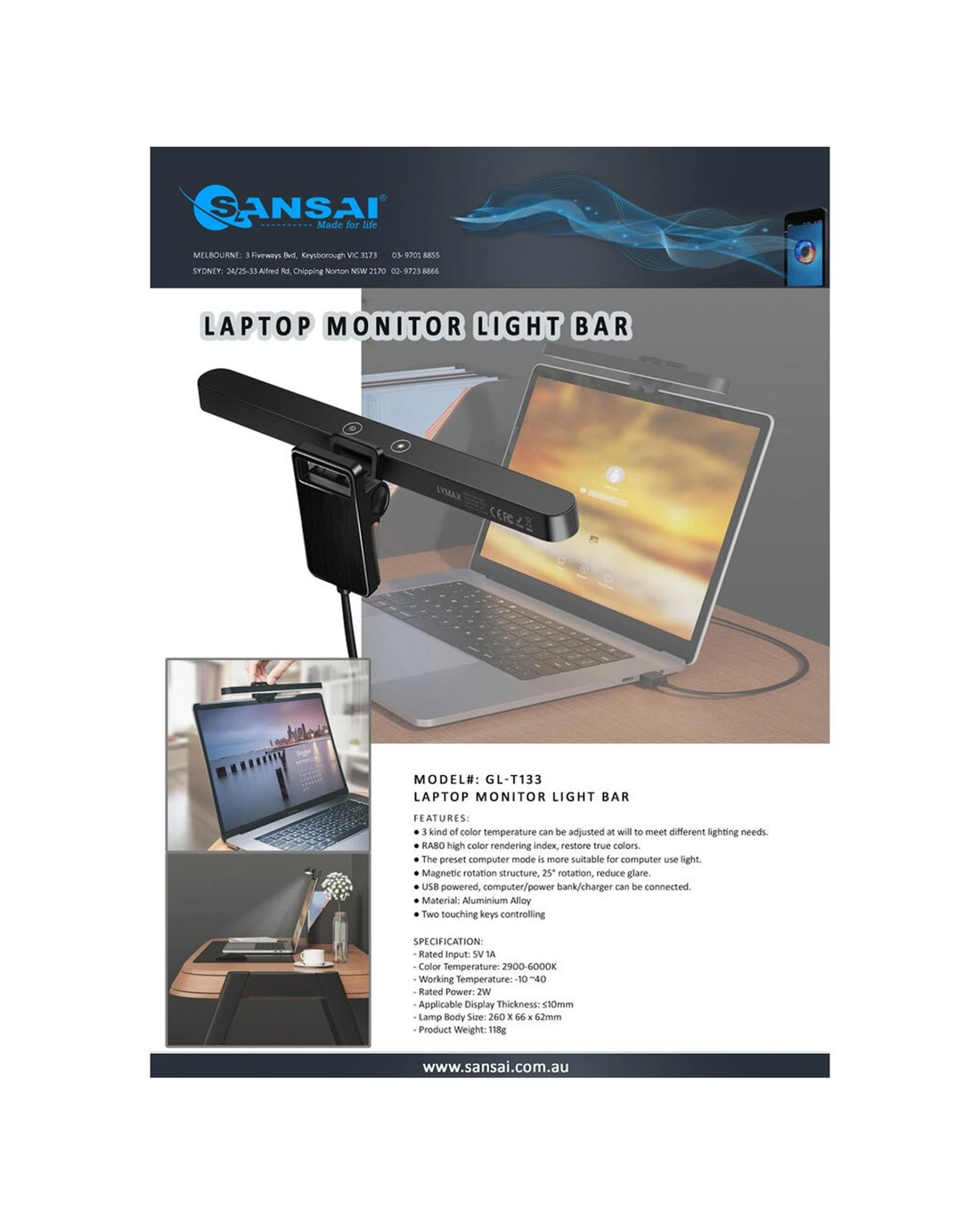 Sansai Laptop Monitor Keyboard Computer Light Bar 26cm Warm Mix - Black ...