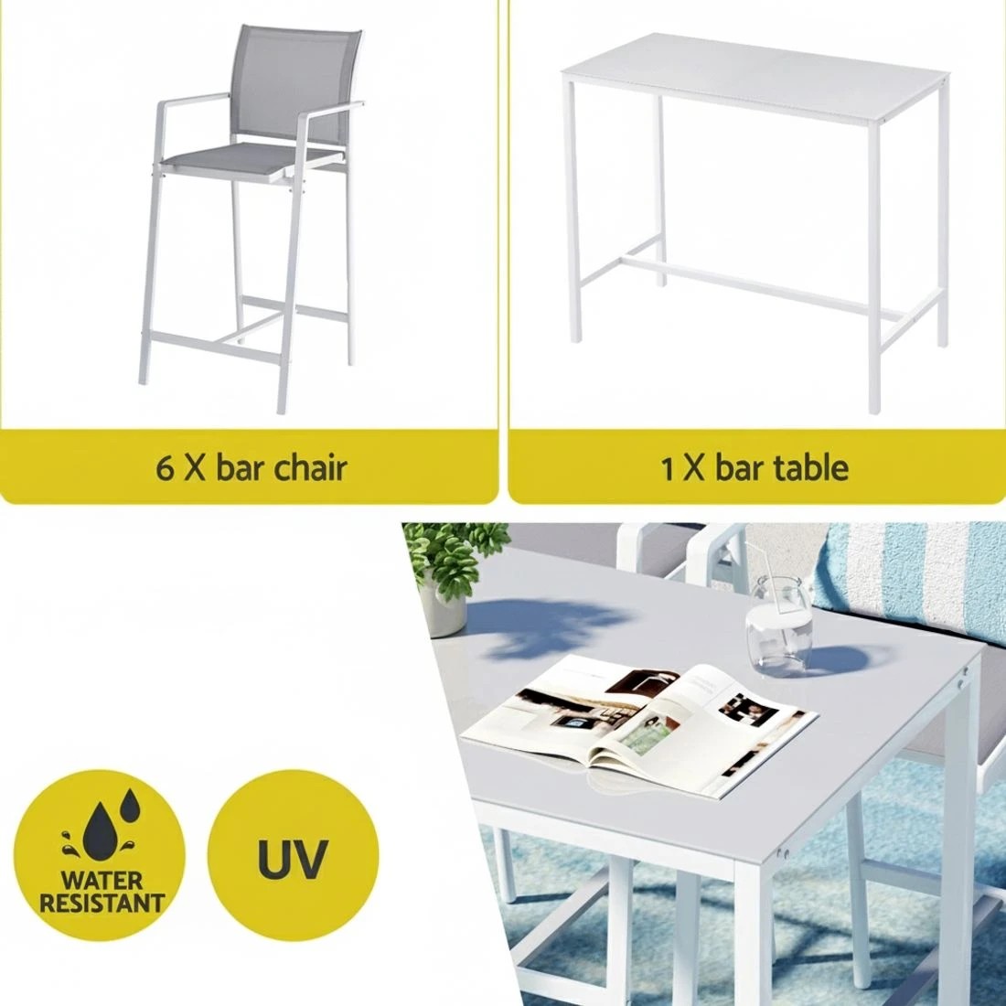 4 Gardeon 7PCS Outdoor Bar Set Stools Dining Chairs Table Patio Steel Bistro Set - White, 4 of 6