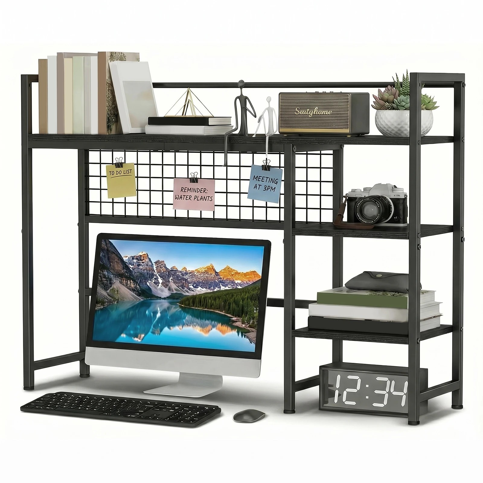 3 Advwin Desktop Organizer Shelf  Desktop Display Rack with Open shelves & 5 Hooks Desk Hutch for Computer Desk - Black, 3 of 7