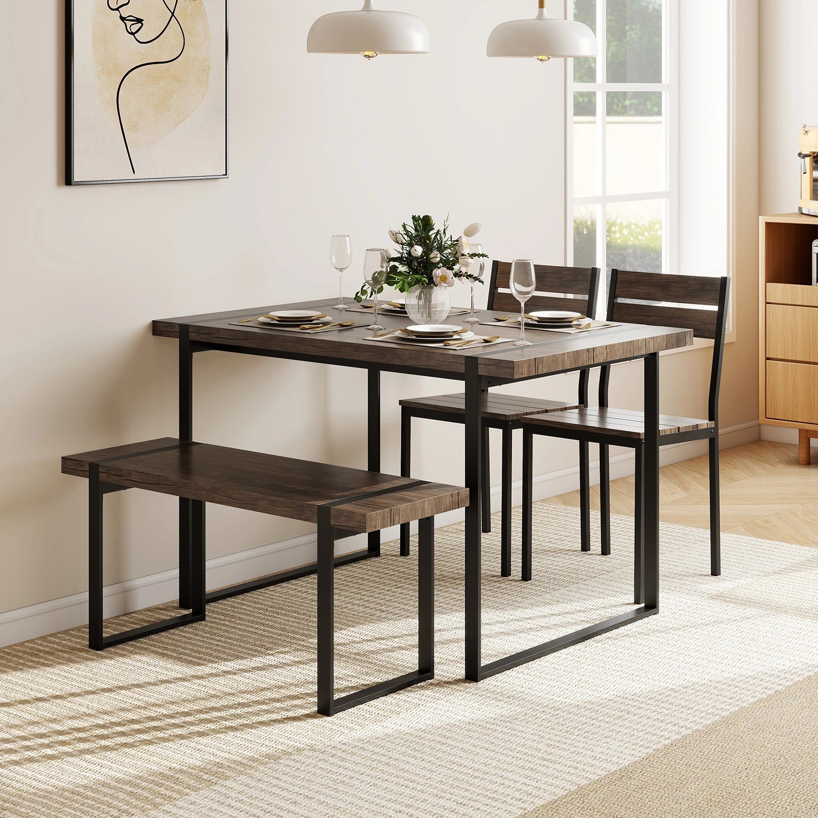 2 Costway 4PCS Modern Dining Table Set Wooden Rectangular Kitchen Table w/1 Bench & 2 Chairs - Grey, 2 of 3