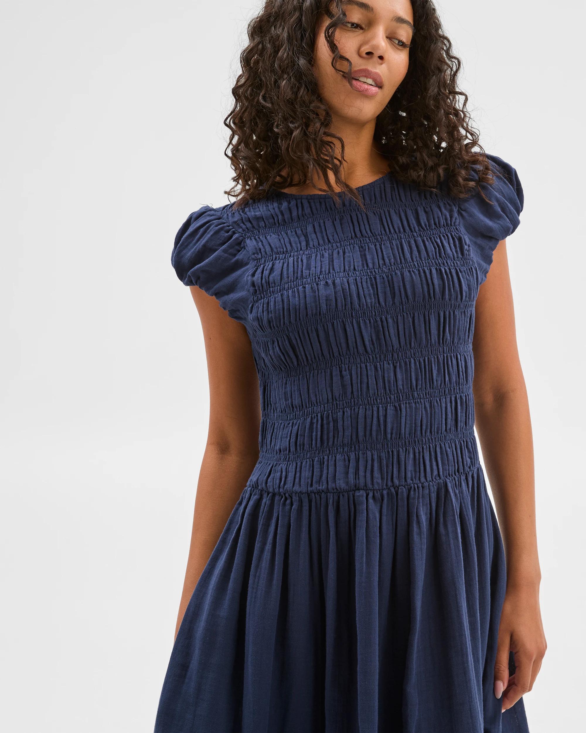 2 Target Australian Cotton Double Cloth Shirred Dress NAVY BLUE, 2 of 7