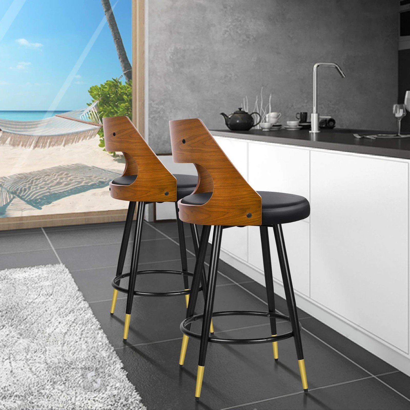 2 Alfordson 2x Swivel Bar Stools Morgan Kitchen Wooden Dining Chair - Black, 2 of 10