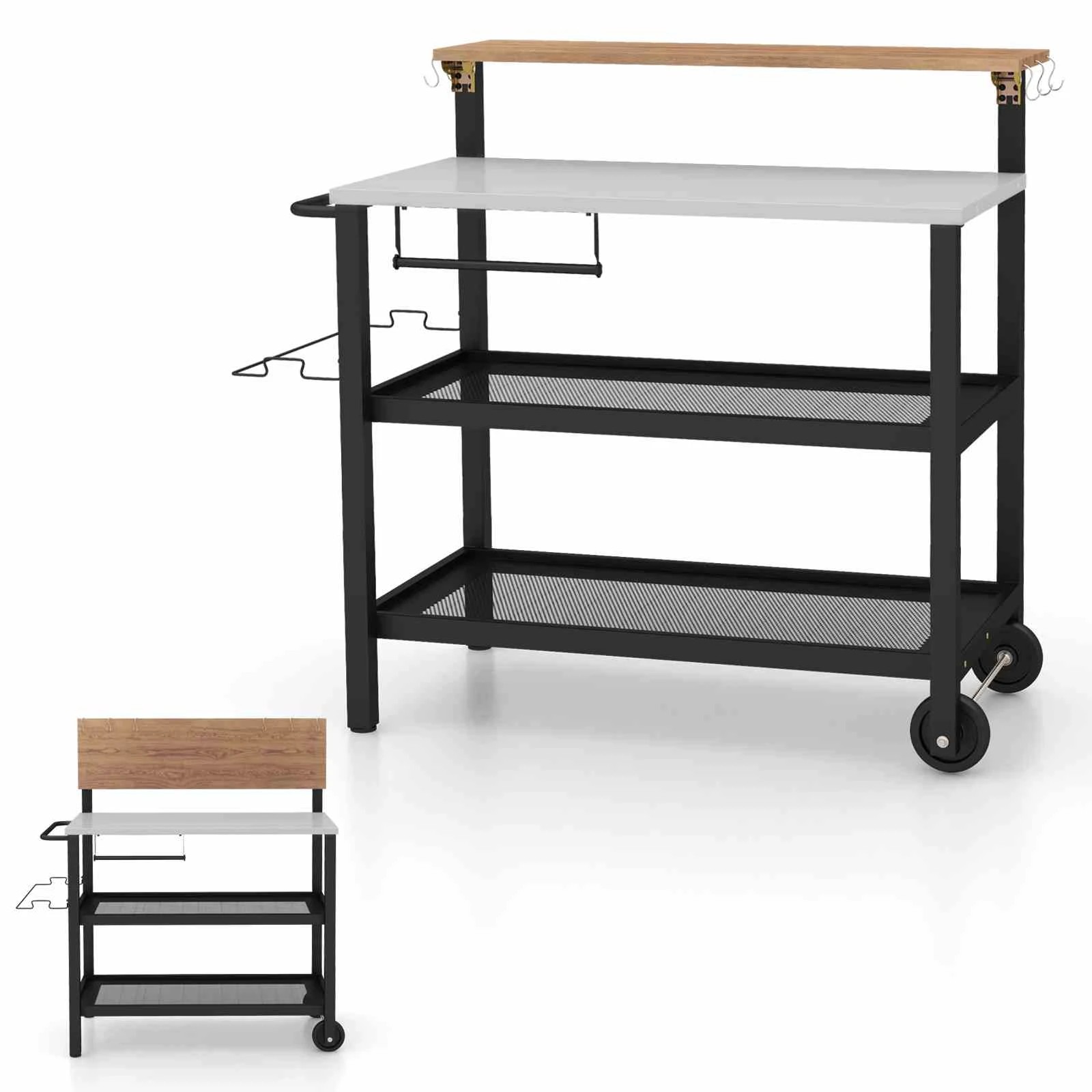 1 Costway Foldable Dining Cart Table Mobile Food Prep Trolley w/Flip-up Table, 1 of 2
