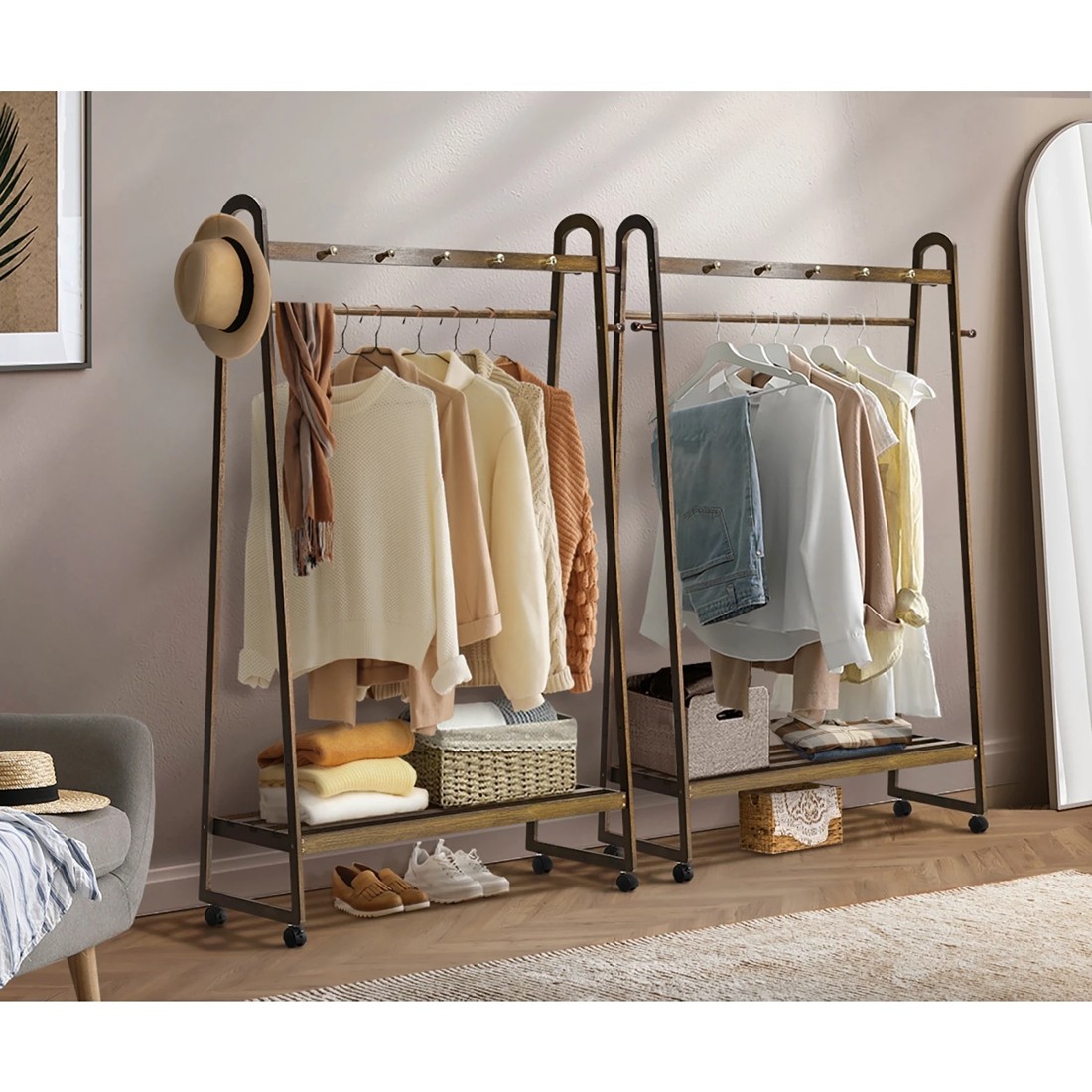 3 Oikiture Clothes Rack Garment Coat Stand Hanging Rail Bamboo Portable Wheels
 - Natural, 3 of 10