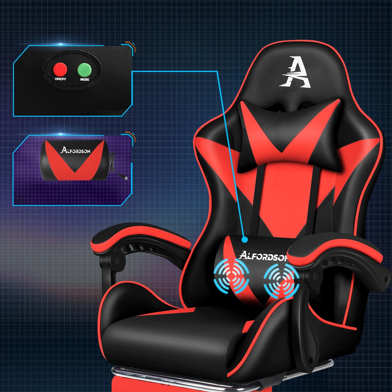 3 Alfordson Gaming Office Chair Massage Computer Footrest Seat Leather - Red, 3 of 10