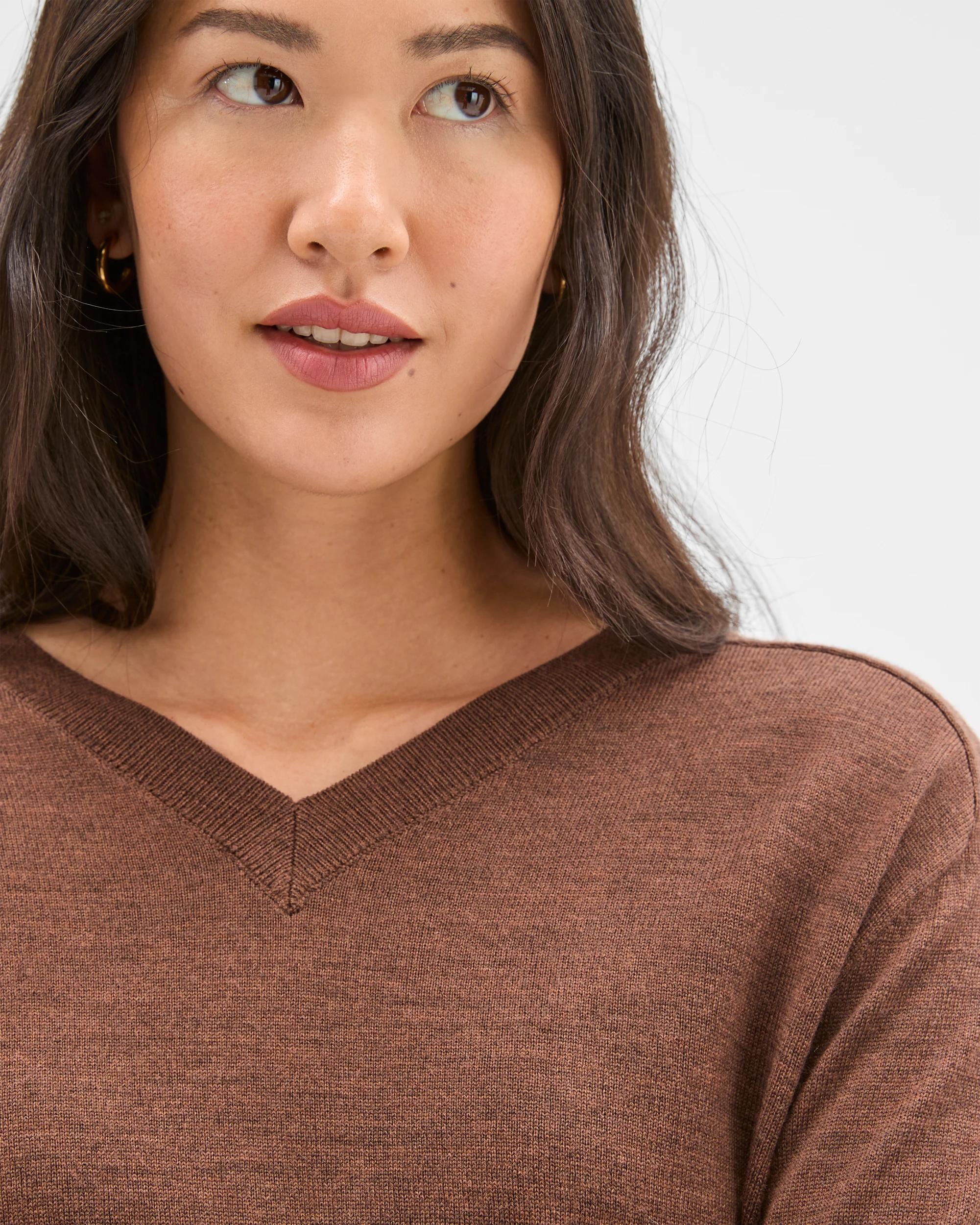 6 Preview Australian Merino Wool Long Sleeve V-Neck Knit Top CARAMEL BROWN MARLE, 6 of 7