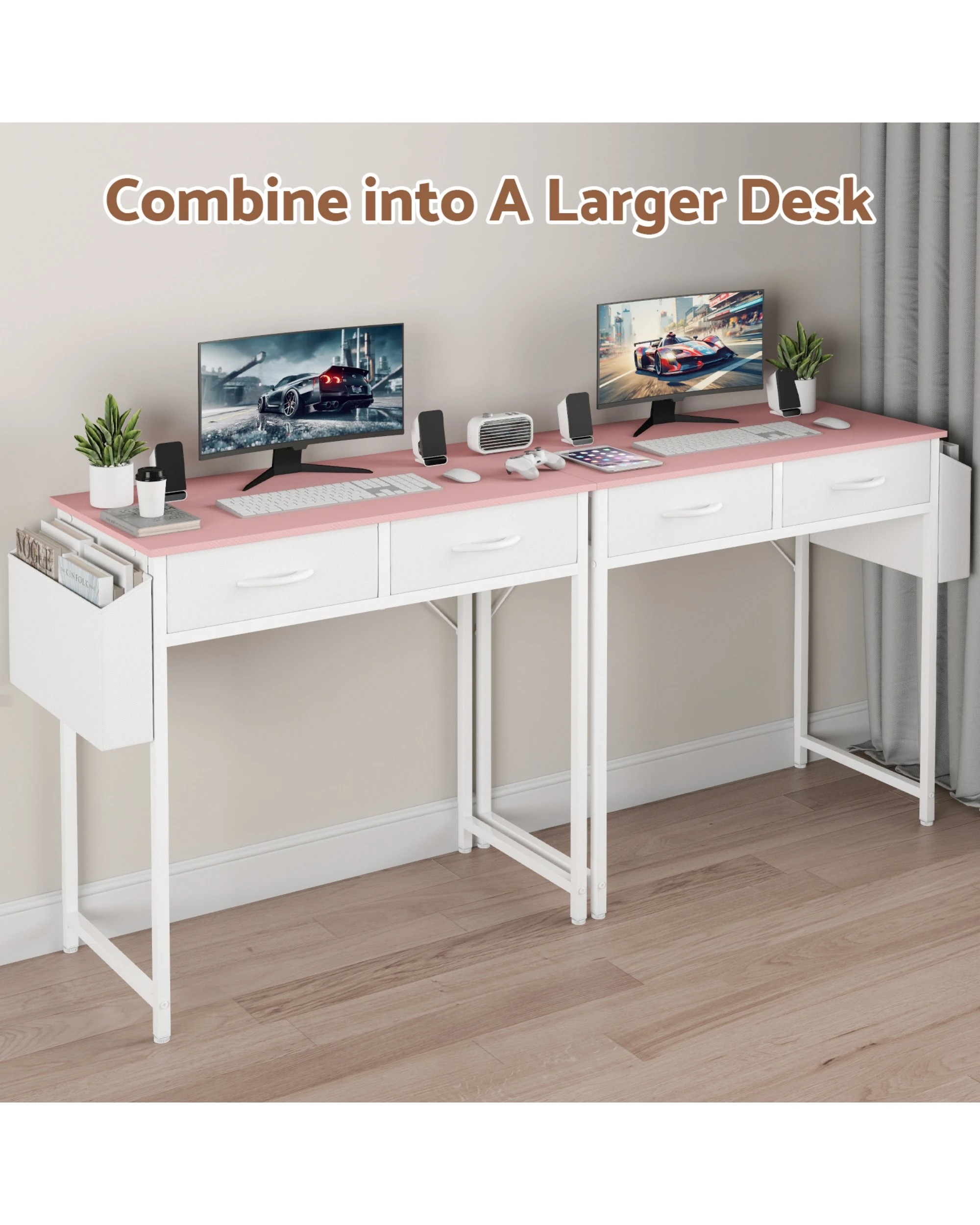 6 Advwin 80cm Small Desk With 2 Drawers And Storage Bag Makeup Vanity Desk Pink, 6 of 10