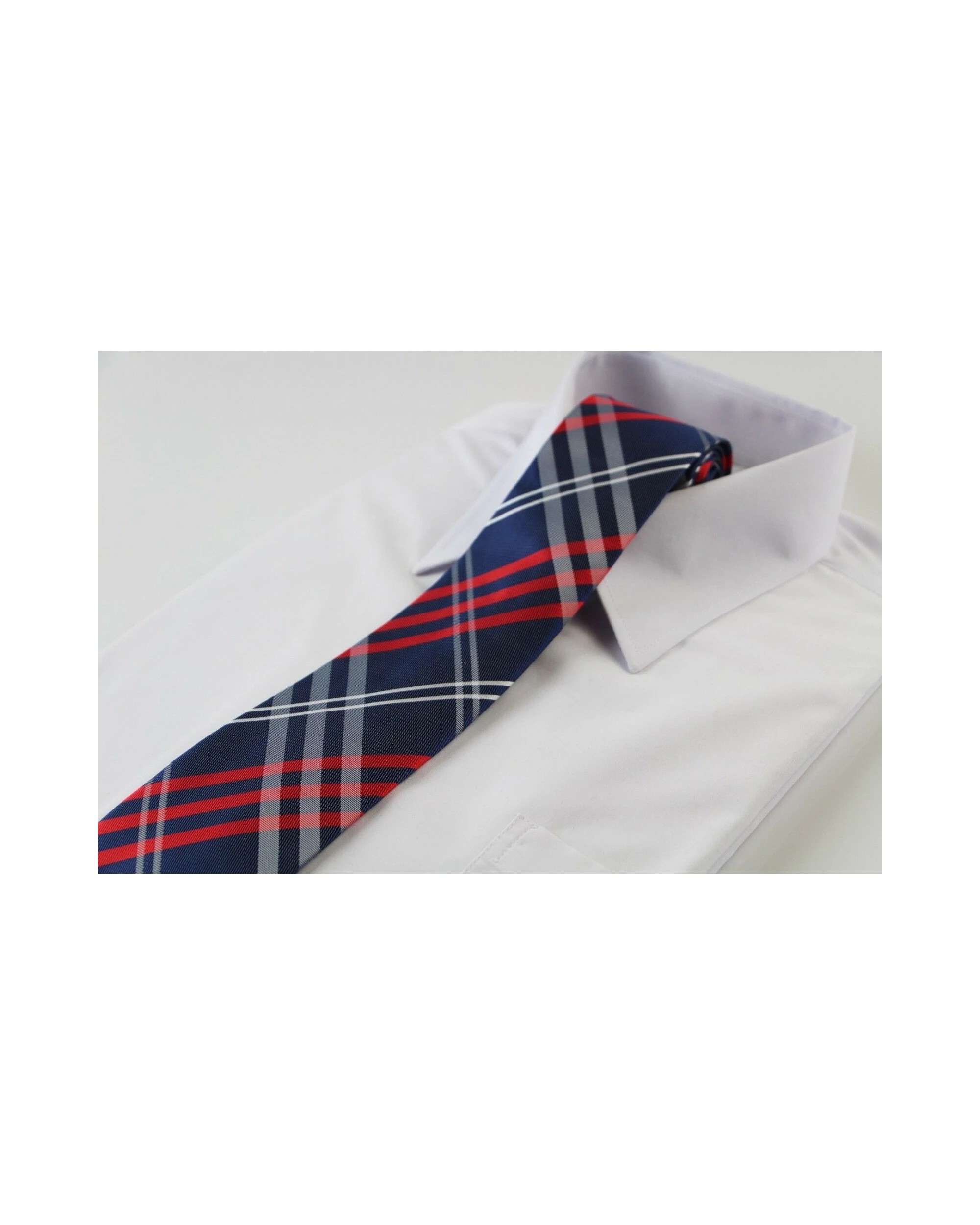 1 Zasel Mens Navy Blue, Red, White Plaid Striped Patterned 8cm Neck Tie, 1 of 1