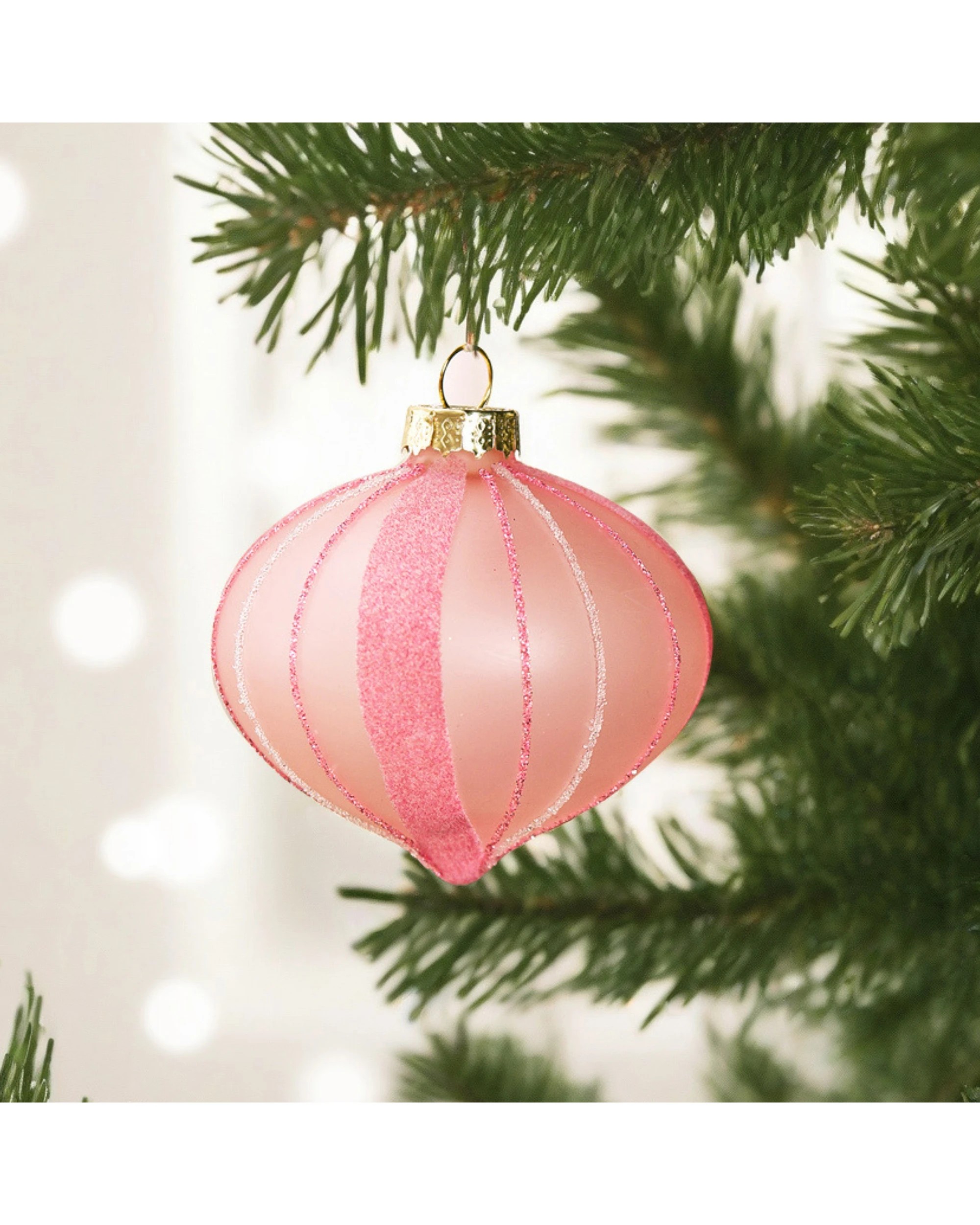 5 Sherwood Christmas Glitter Stripe Frosted Glass Mixed Shape Baubles (6 Pack) - Blush, 5 of 5