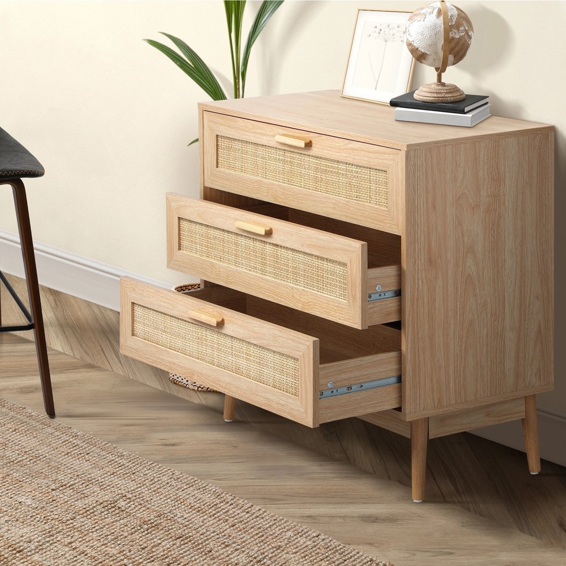 4 Oikiture 3 Chest Of Drawers Storage Cabinet Dresser Rattan Lowboy
 - Natural, 4 of 10