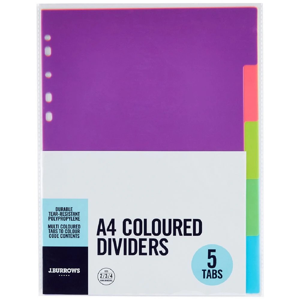 1 J.Burrows A4 5 Tab Polypropylene Divider Neon, 1 of 4