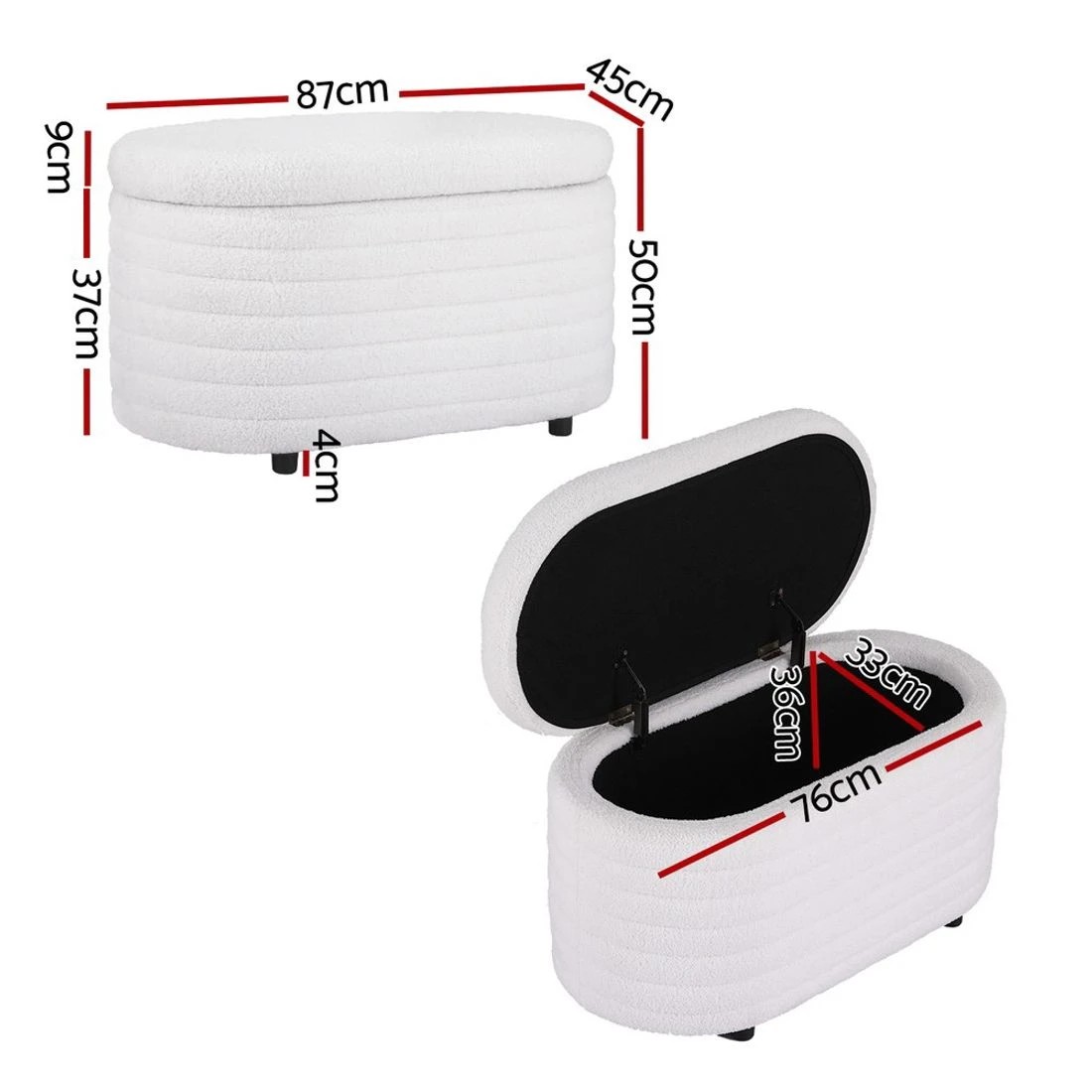 1 Artiss Storage Ottoman Blanket Box 87cm Boucle Fabric Oval - White, 1 of 4