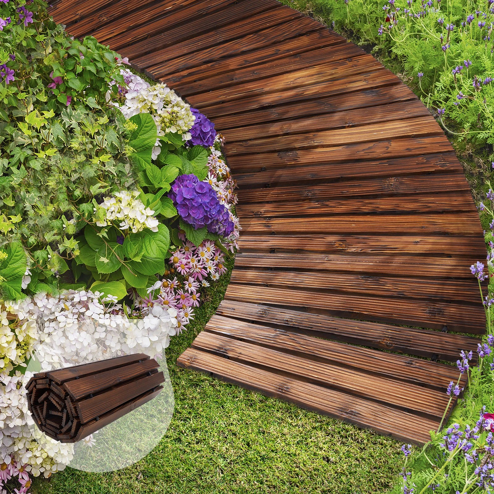 3 Livsip Garden Wooden Pathway 8ft Roll-Out Curved Wood Walkway Backyard Outdoor - Charcoal, 3 of 9