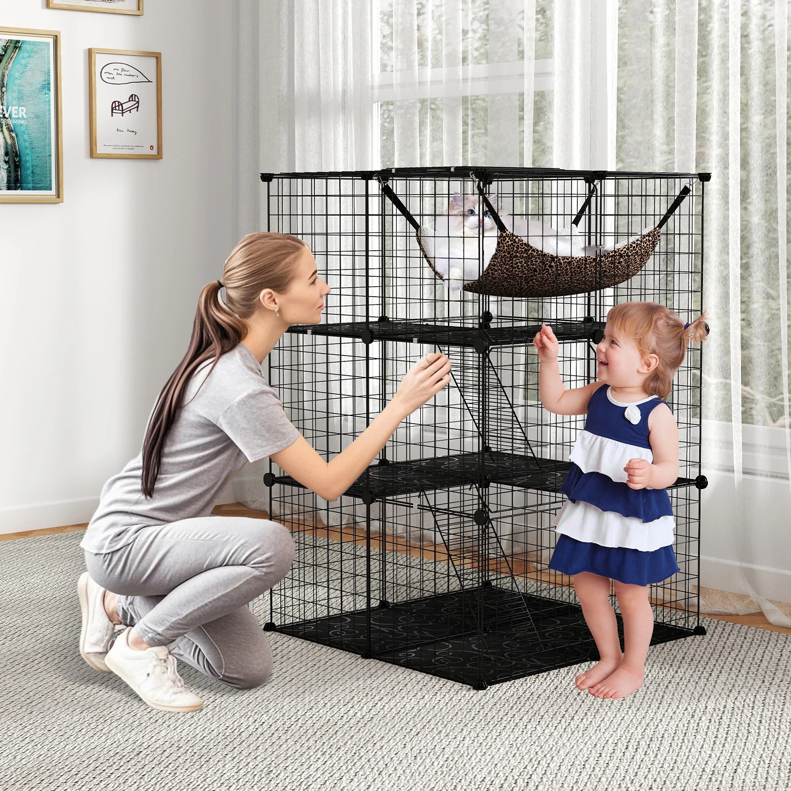 3 Costway 3 Tier Cat Enclosure 107 CM Large Cat Cage w/Hammock, 3 of 4