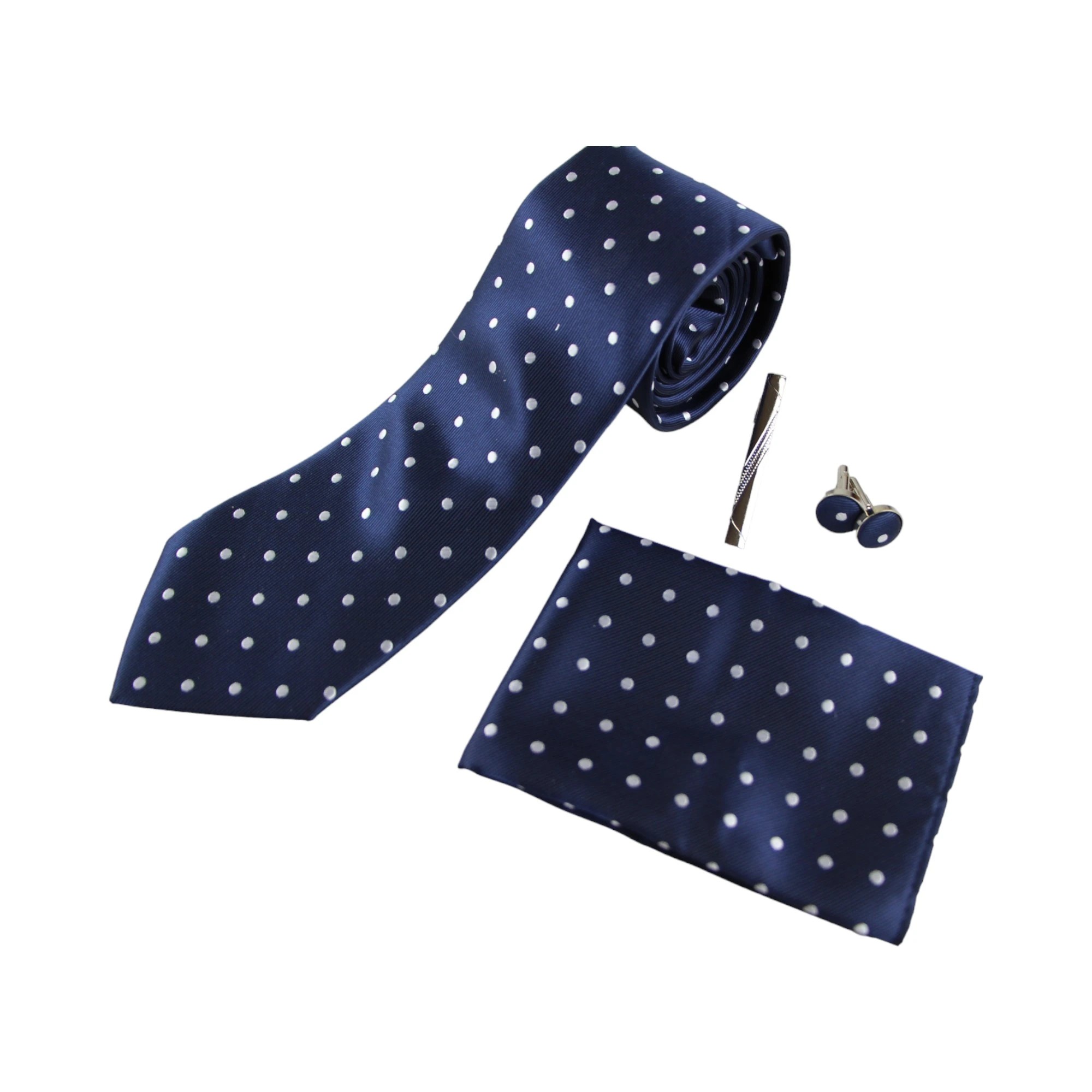 1 Zasel Mens Navy With White Polka Dot Matching Neck Tie, Pocket Square, Cuff Links And Tie Clip Set - White, 1 of 1