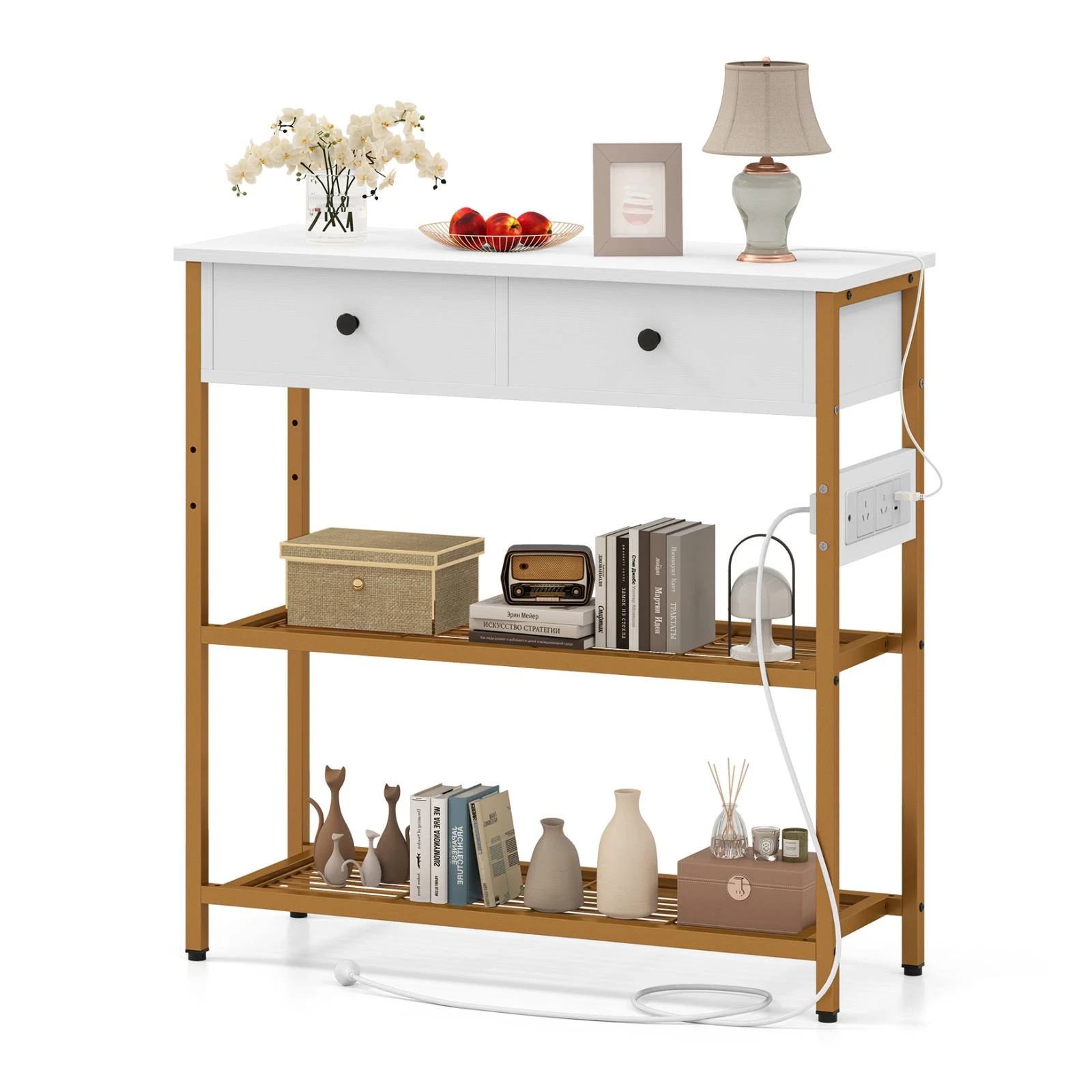 4 Costway Hallway Console Table w/Charging Station & 2 Drawers Entry Side Table, 4 of 4