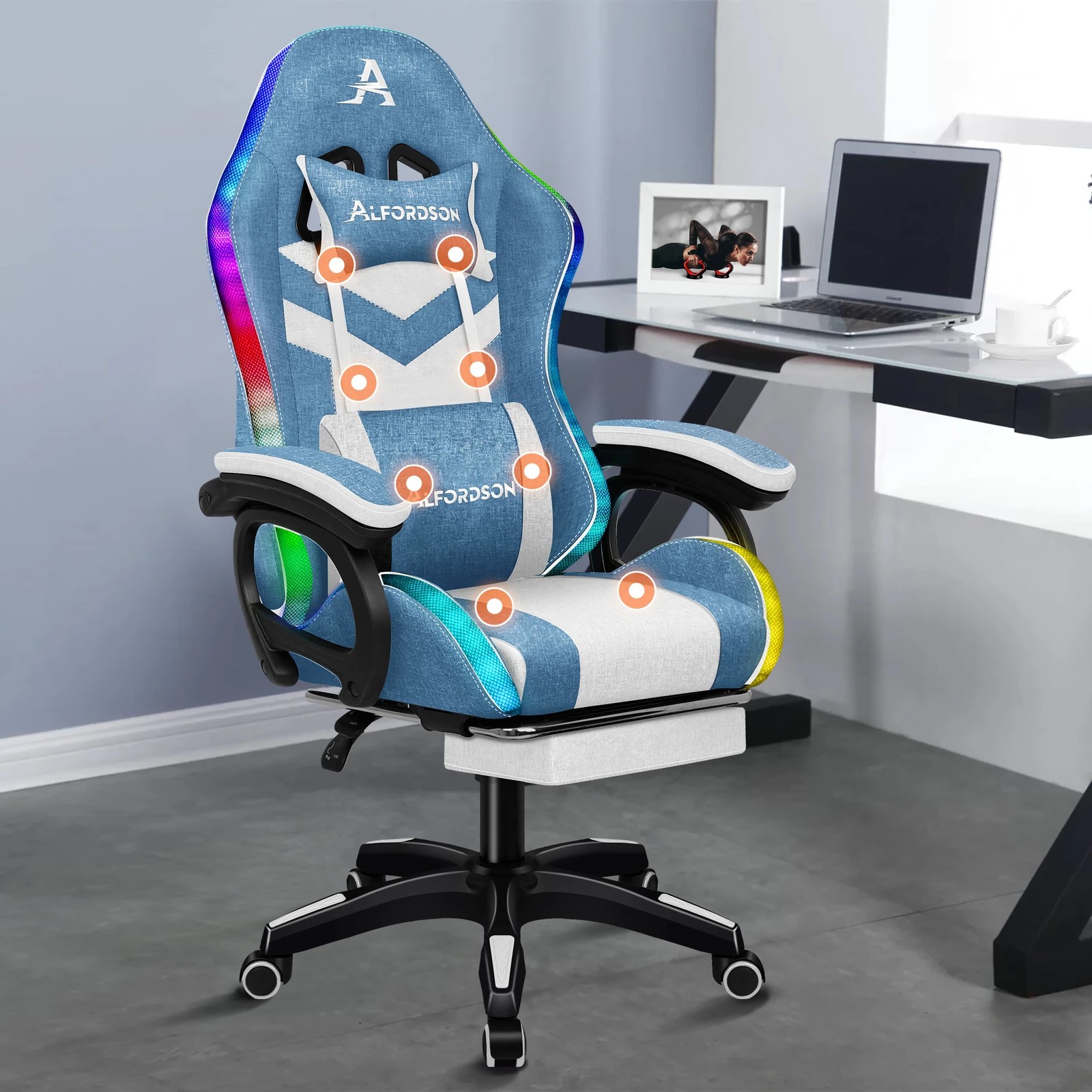 3 Alfordson Gaming Chair Office 12 RGB LED Massage Computer Fabric Seat - Blue White, 3 of 10