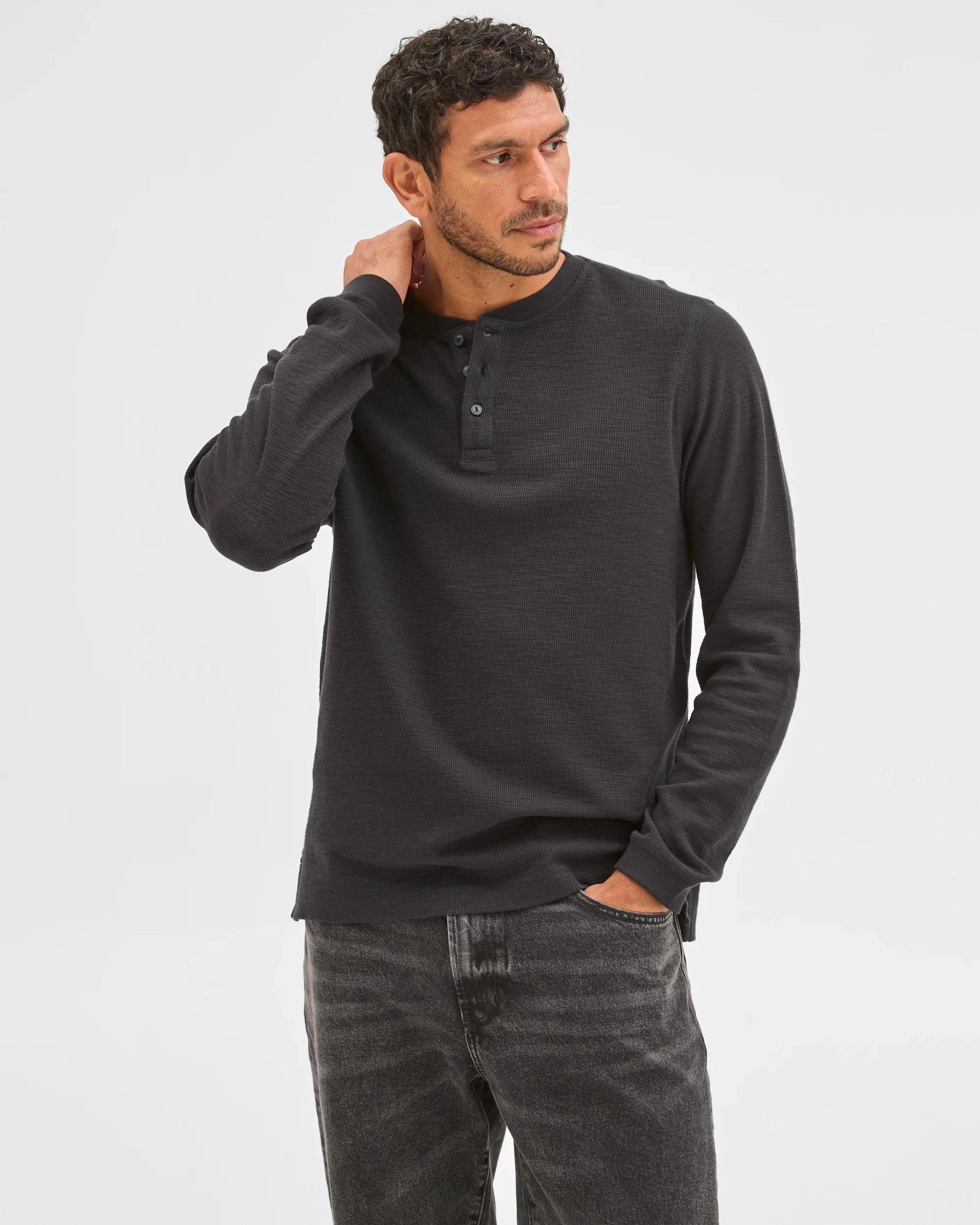 2 Target Australian Cotton Waffle Henley T-Shirt BLACK MARLE, 2 of 5