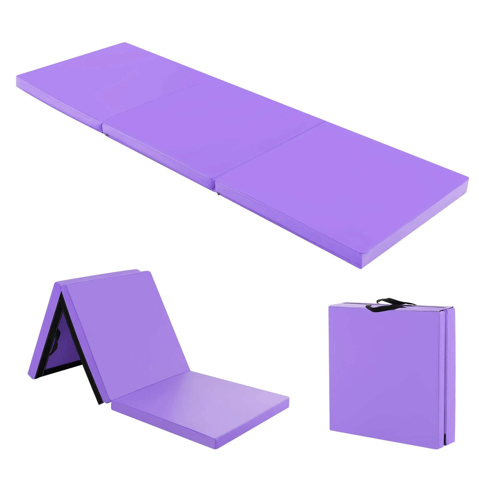 1 Costway 180x60cm Tri-Fold Gymnastics Mat PU Leather Floor Exercise Yoga Tumbling Mat w/Carry Strap - Purple, 1 of 2