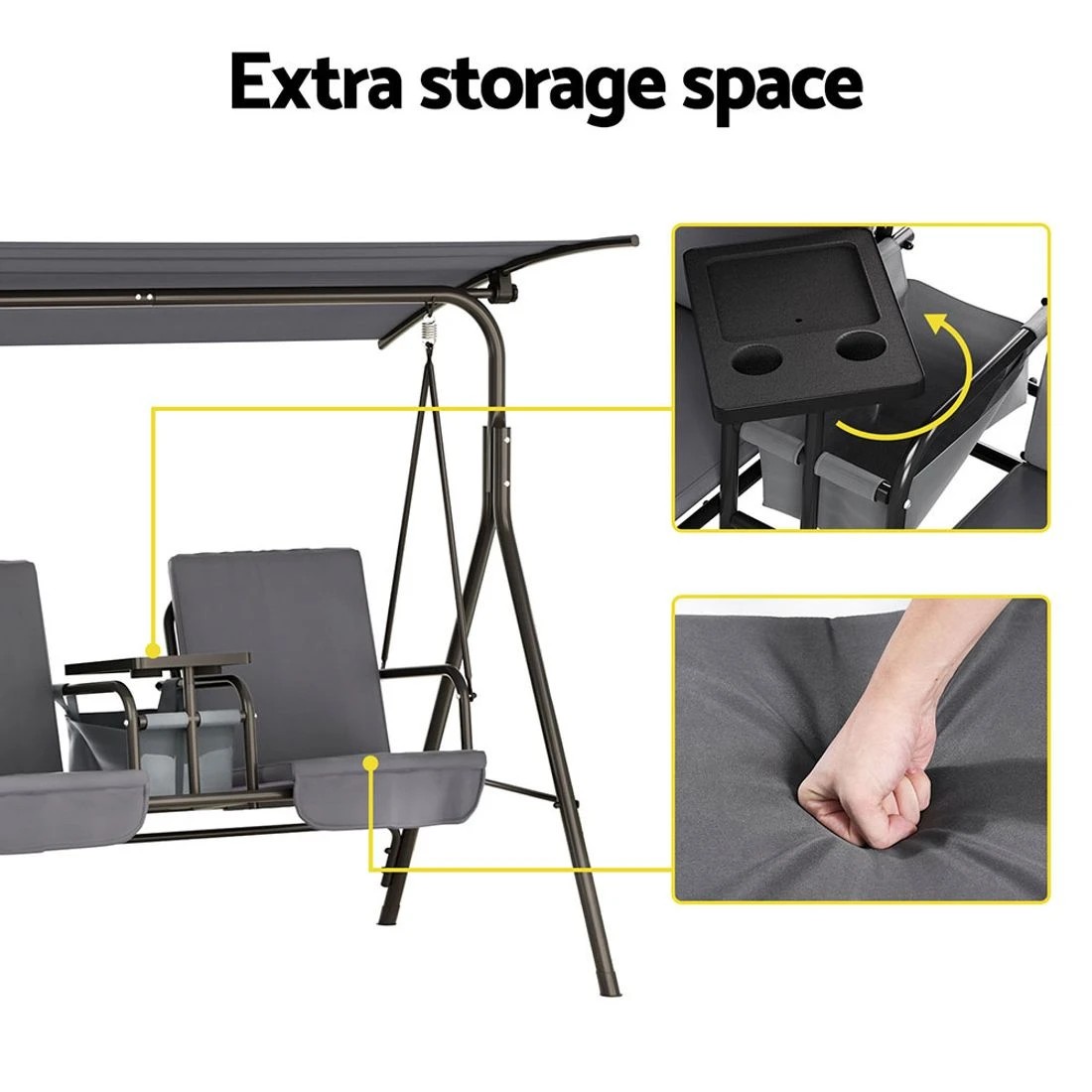 6 Gardeon Outdoor Swing Chair Garden Furniture Canopy Cup Holder 2 Seater - Grey, 6 of 6