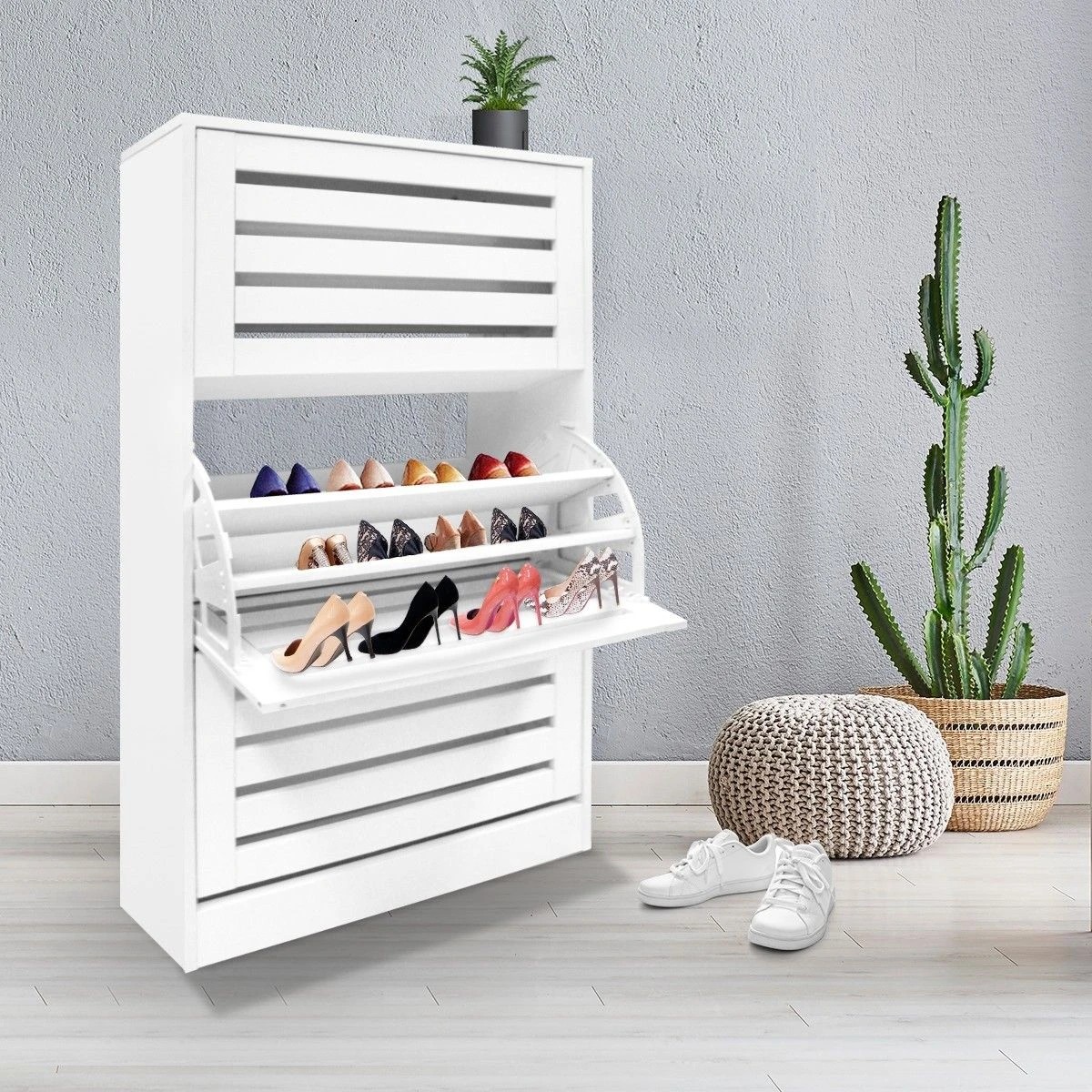 2 Ausway 45 Pair Wood Shoe Storage Cabinet 3 Door Shoe Organizer Rack - White, 2 of 6