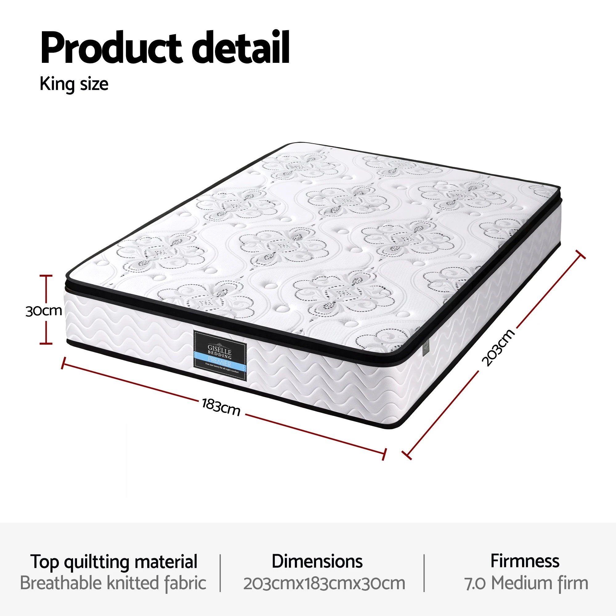 2 Giselle Bedding King Mattress 30cm Pocket Spring Euro Top Medium Firm - King Bed - White, 2 of 3