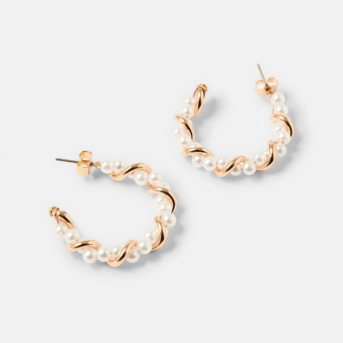3 Faux Pearl Twist Hoop Earrings - Gold Tone Pearl, 3 of 5