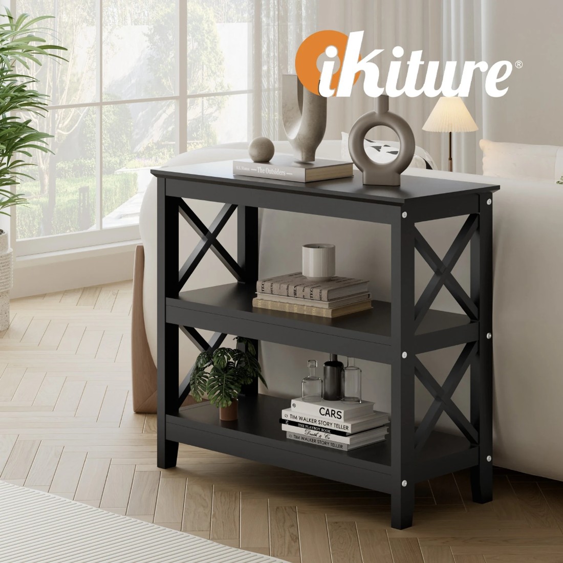 5 Oikiture 3-tier Console Table X-design Wood Sofa Table Hall Side Entry
 - Black, 5 of 10