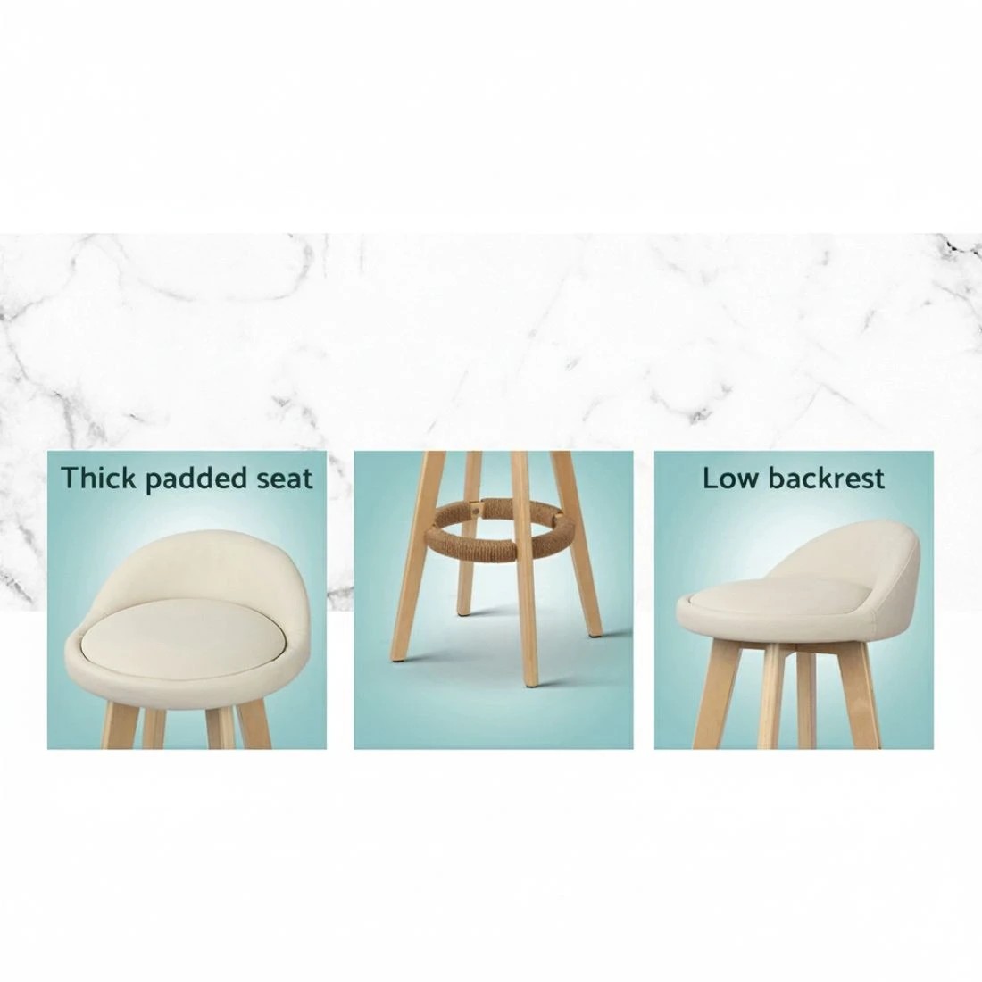 4 Artiss 2x Bar Stools Padded Leather Wooden - Beige, 4 of 8