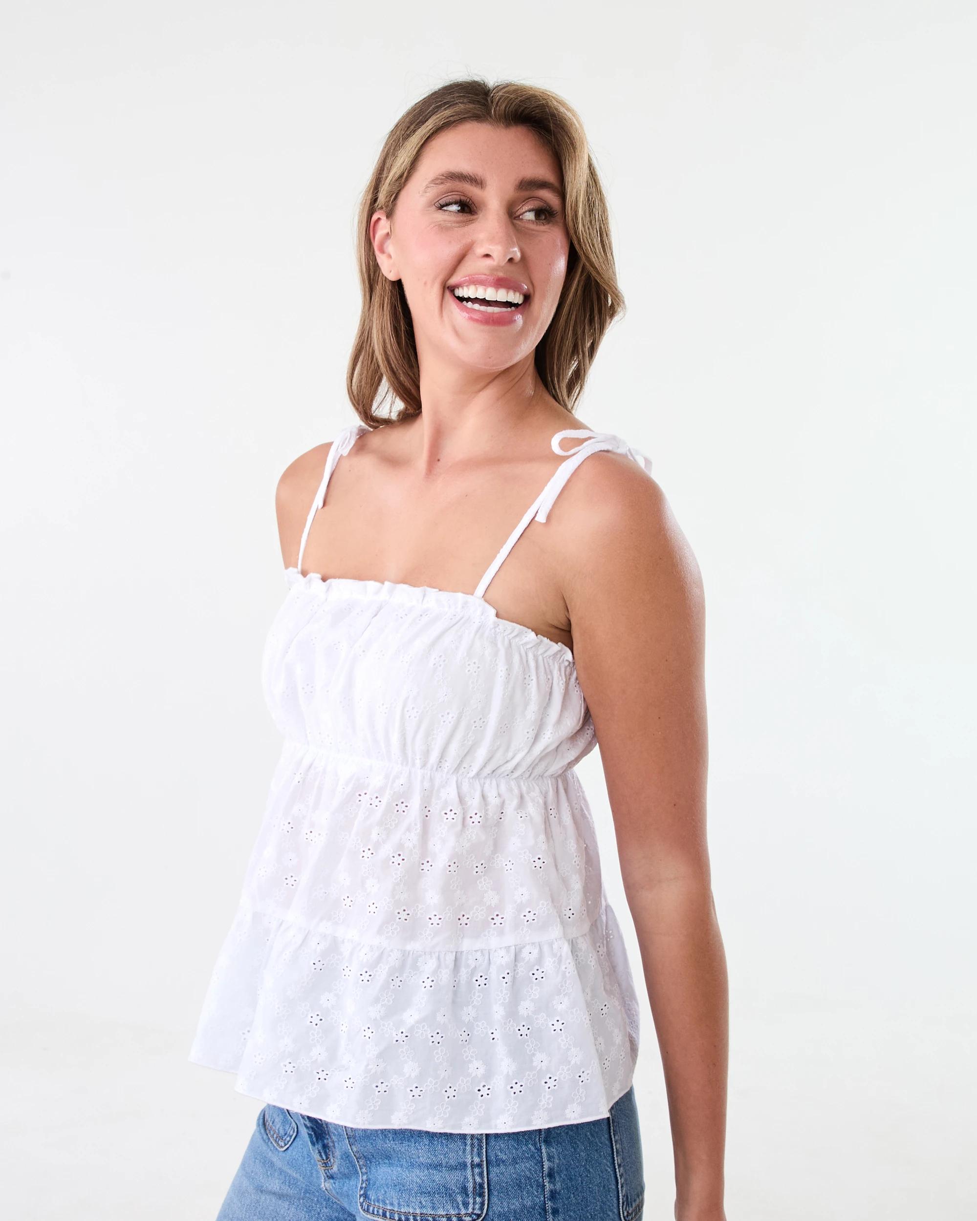 2 Sleeveless Broderie Tier Top White, 2 of 6