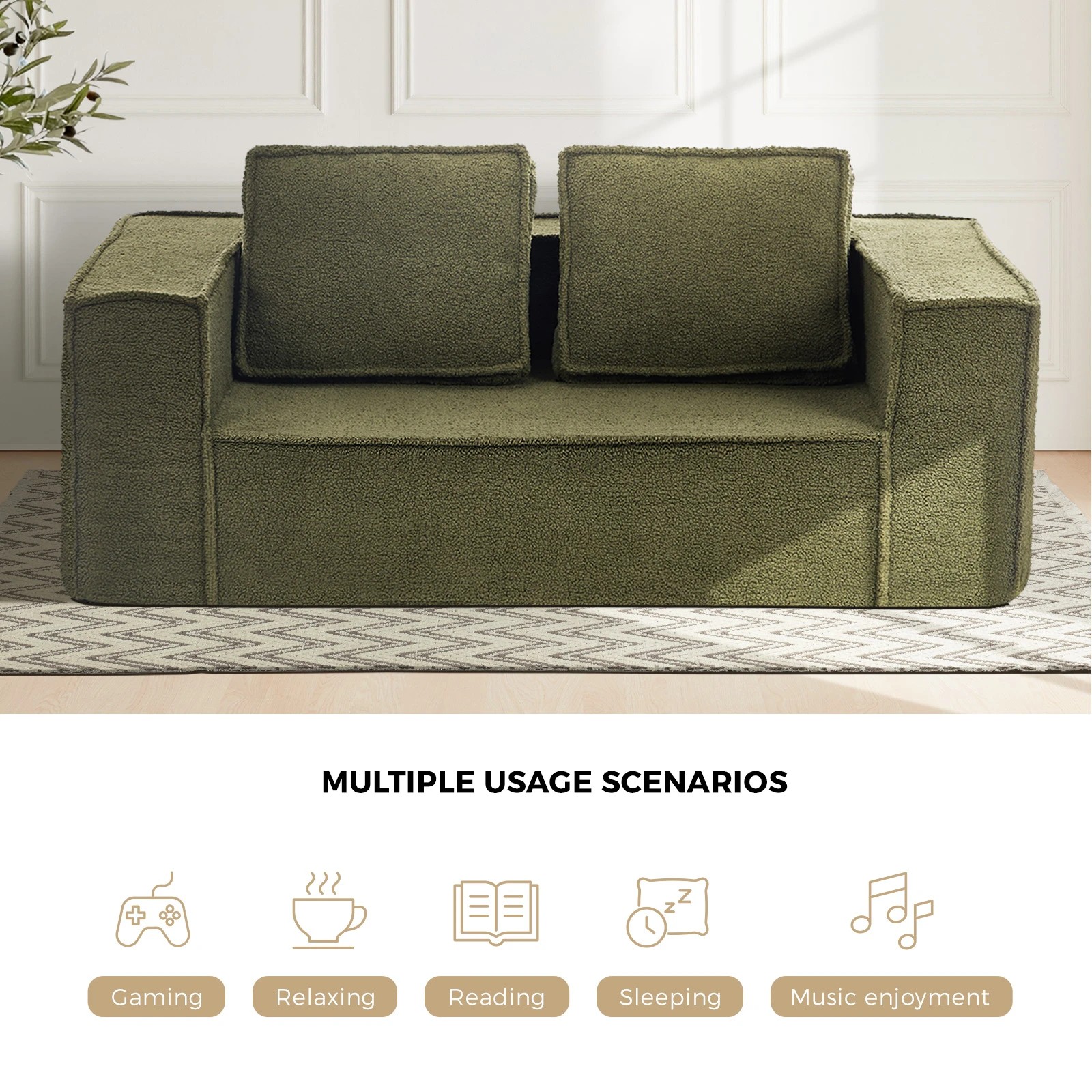 5 Oikiture 2-Seater Compressed Sofa Sherpa Boucle - Green, 5 of 10