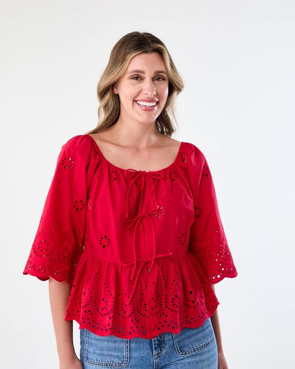 Long Sleeve Broderie Tie Top