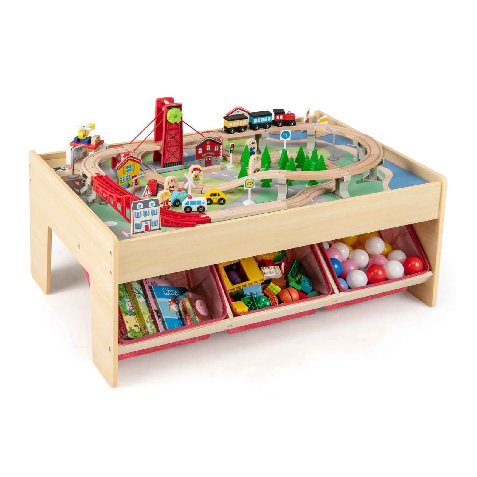 1 Costway Activity Train Table Wood Game Desk w/94-Piece Accessory Toy Playset - Natural, 1 of 4