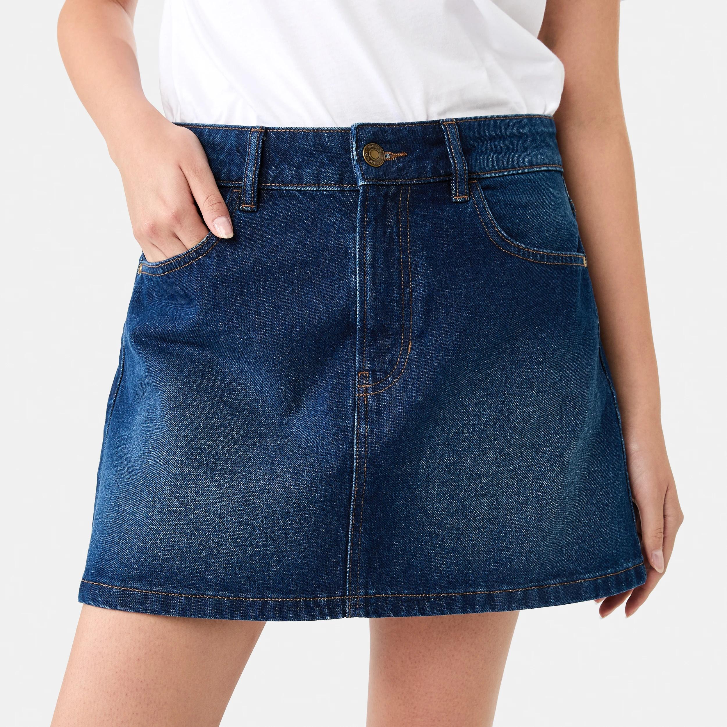 1 Denim A-line Mini Skirt MID WASH, 1 of 10