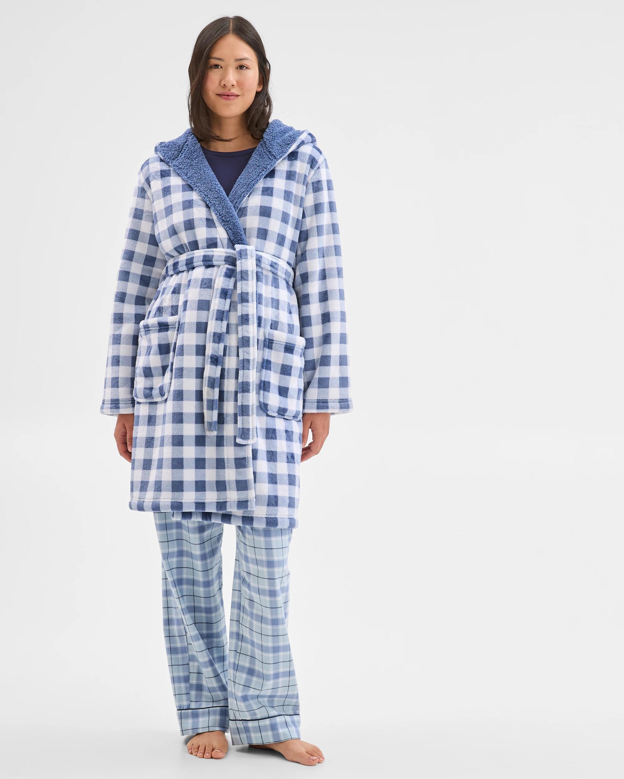 1 Target Woman Sherpa Hooded Sleep Robe CHECK BLUE, 1 of 7