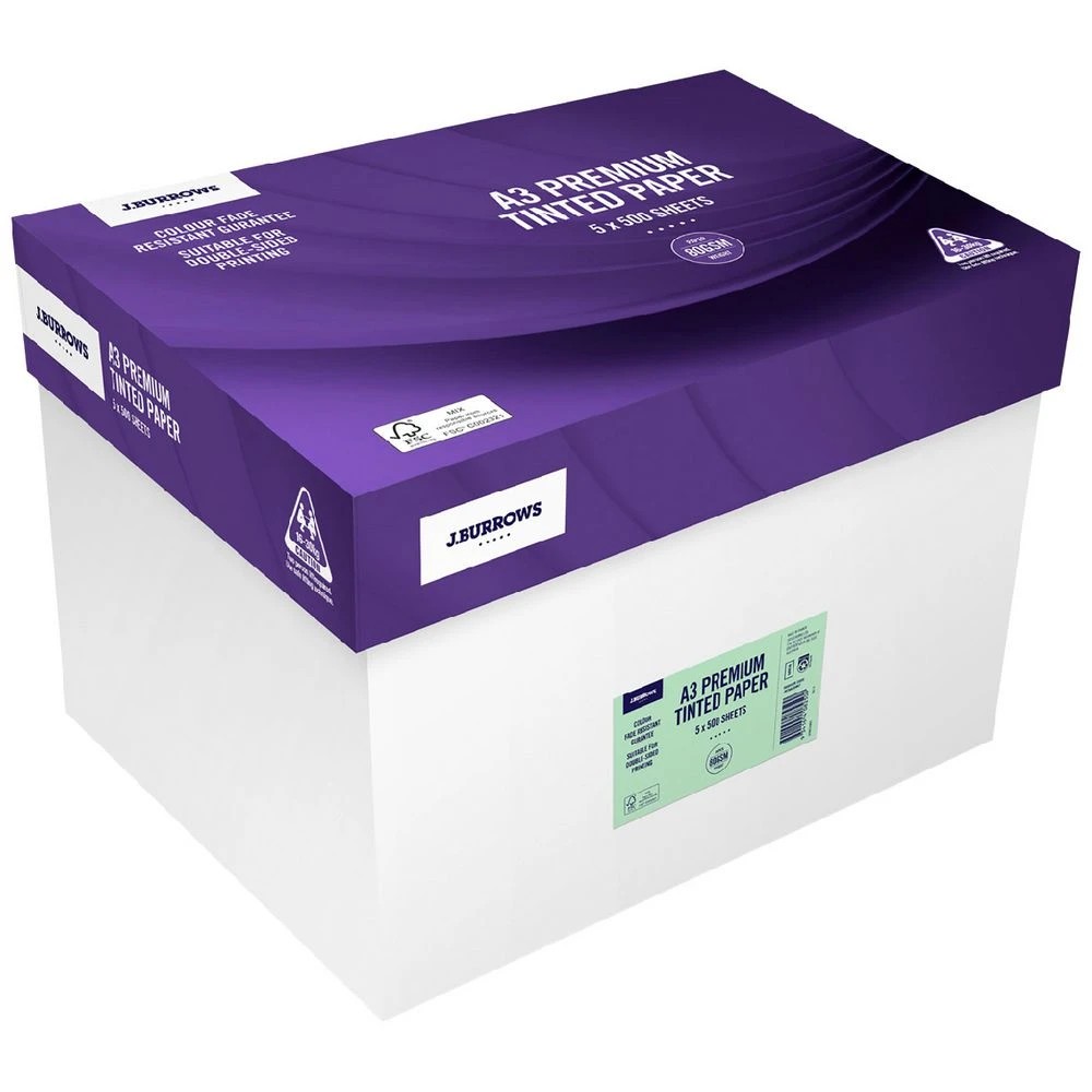 1 J.Burrows 80gsm Tinted A3 Copy Paper Carton Green, 1 of 1