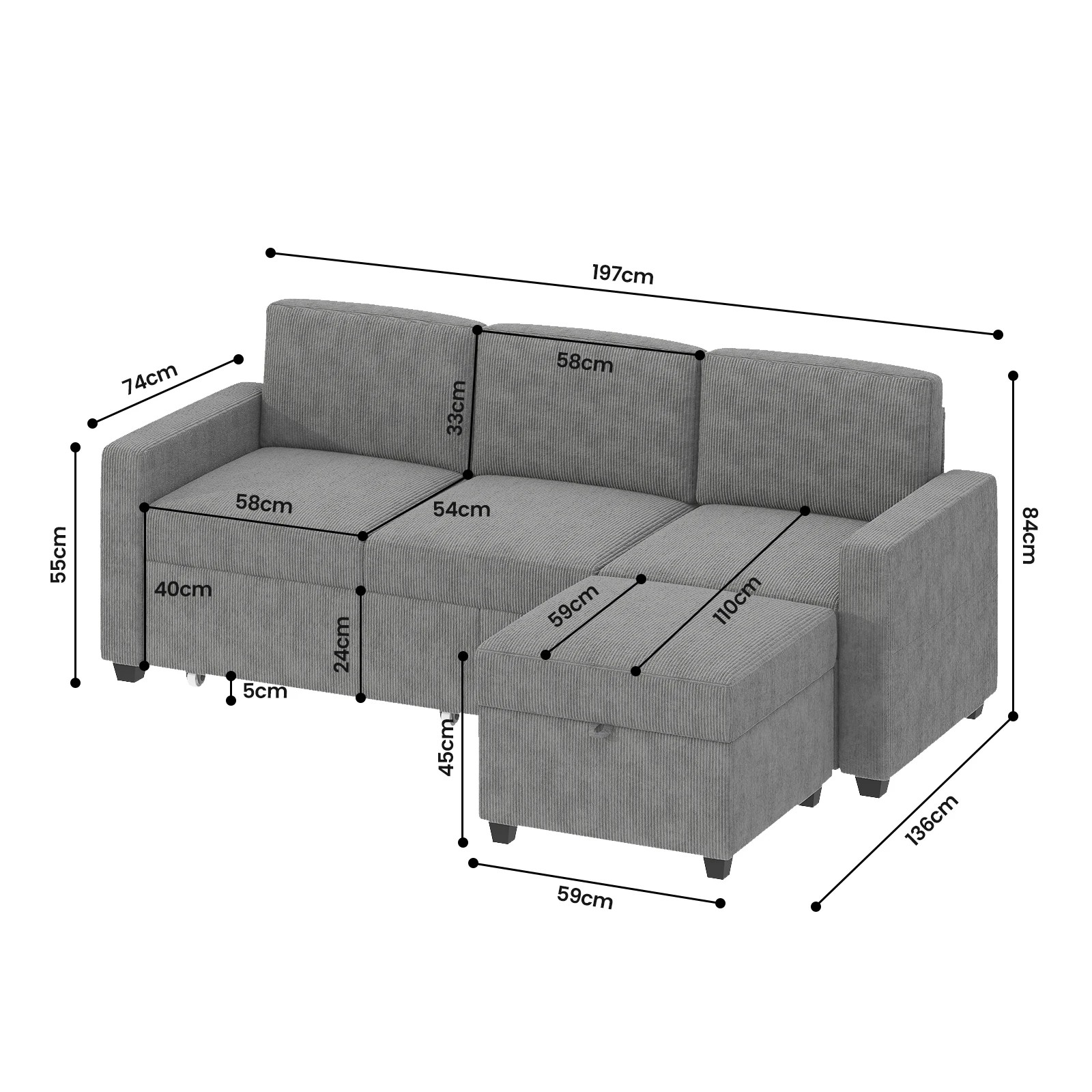 4 Advwin 3 Seater Sofa 197cm Corduroy Modular Corner Couch W/ Storage Ottoman & Drawers Lounge Chaise Grey, 4 of 4