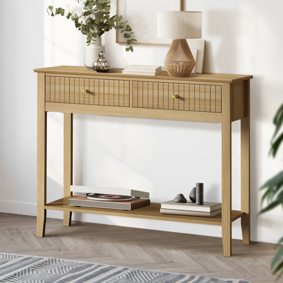 2 Oikiture 100cm Console Table Hallway Table With 2 Storage Drawer Entry Desk
 - Natural, 2 of 10