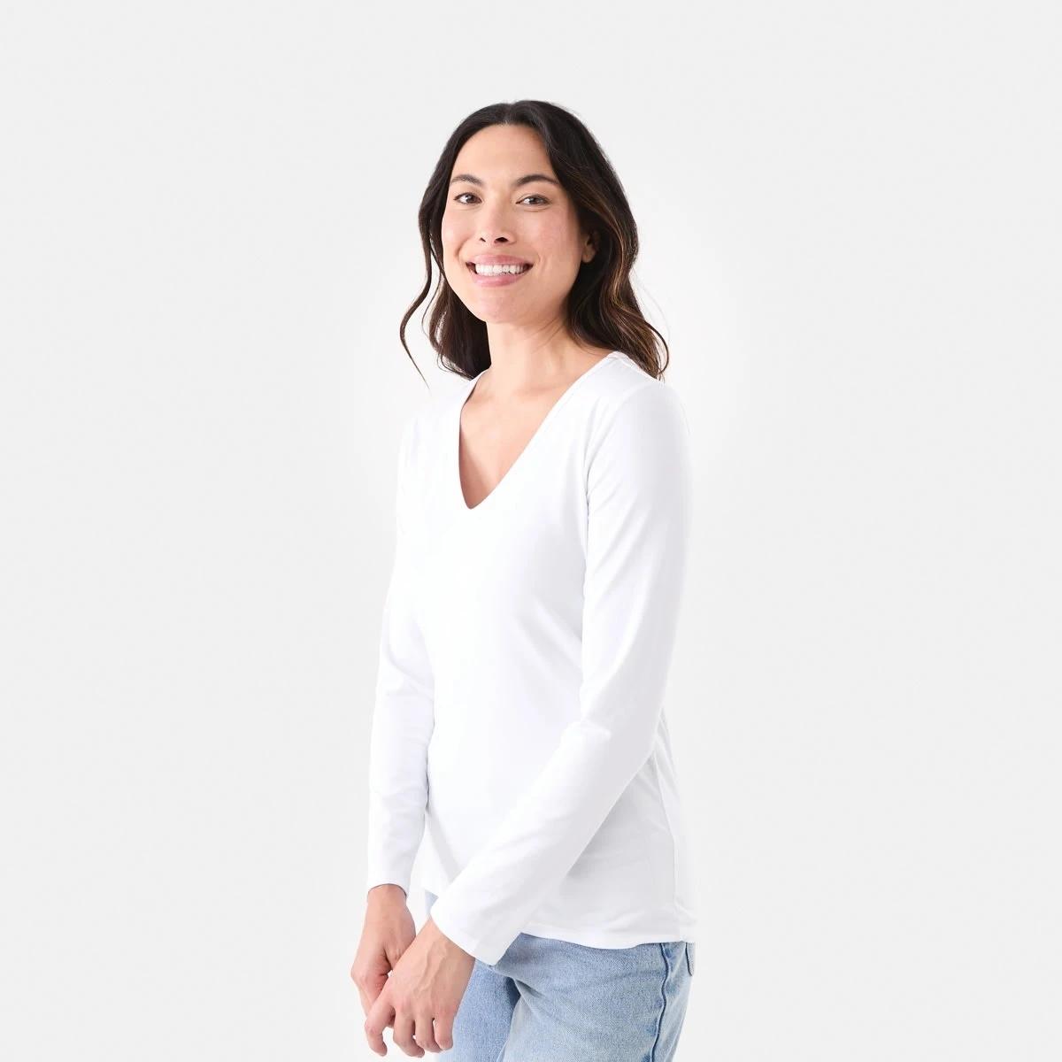 2 Long Sleeve Stretch V-Neck T-shirt White, 2 of 5