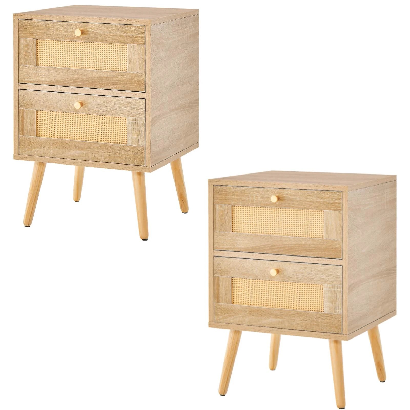 1 Costway Rattan Nightstand Set of 2 Boho Bedside Table w/Storage Drawers, 1 of 4