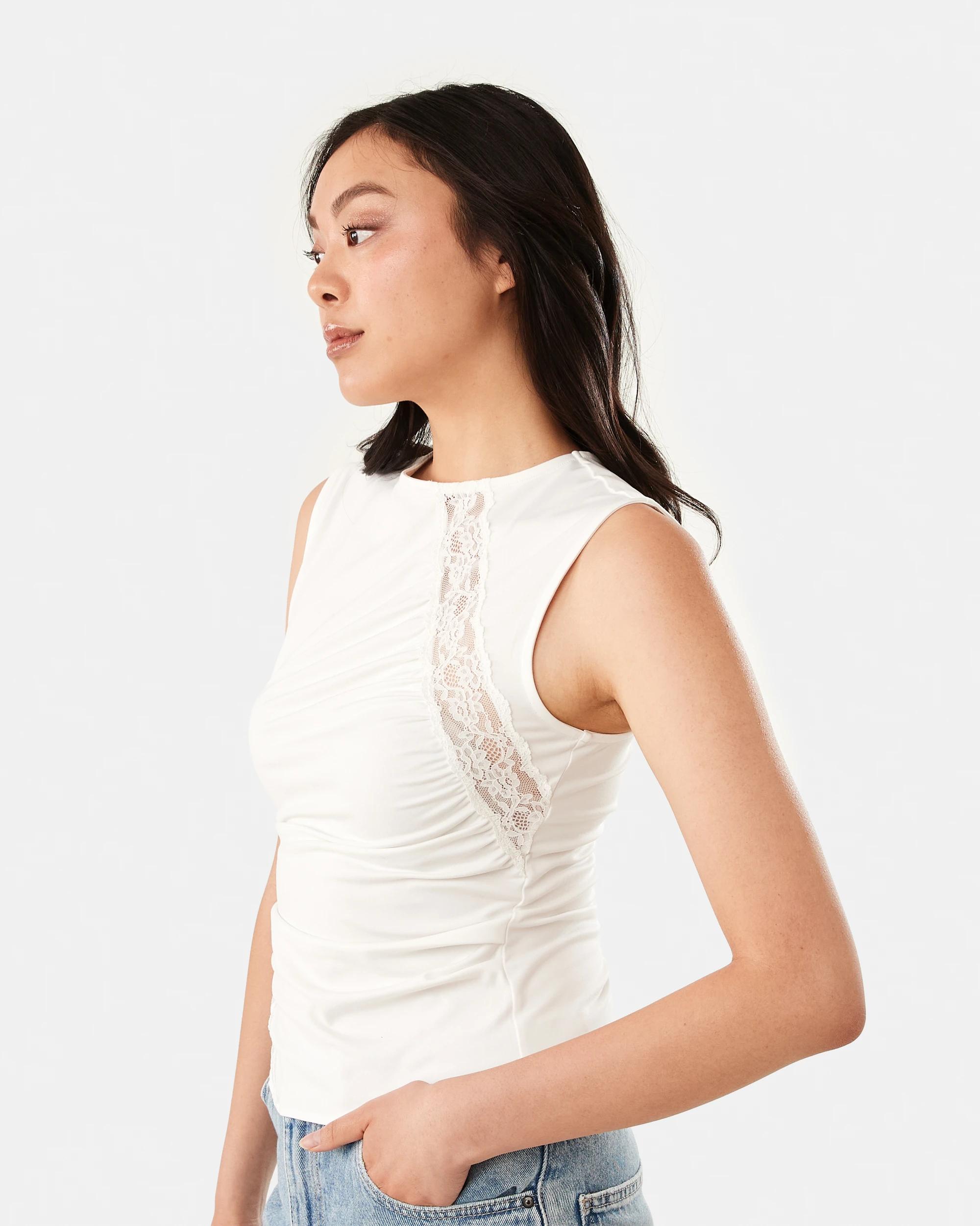 2 Sleeveless Lace Trim Drape Tank Cld White, 2 of 6