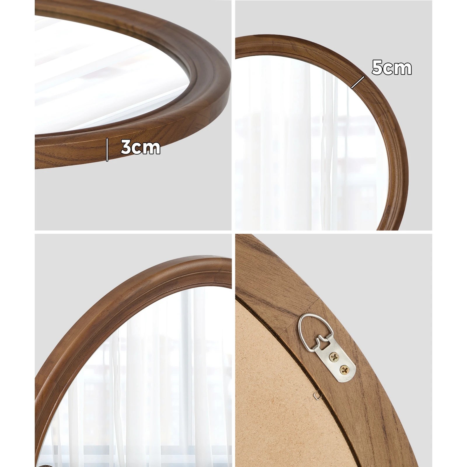 5 Oikiture Round Wall Mirror 80cm Wooden Frame Decor - Brown, 5 of 9