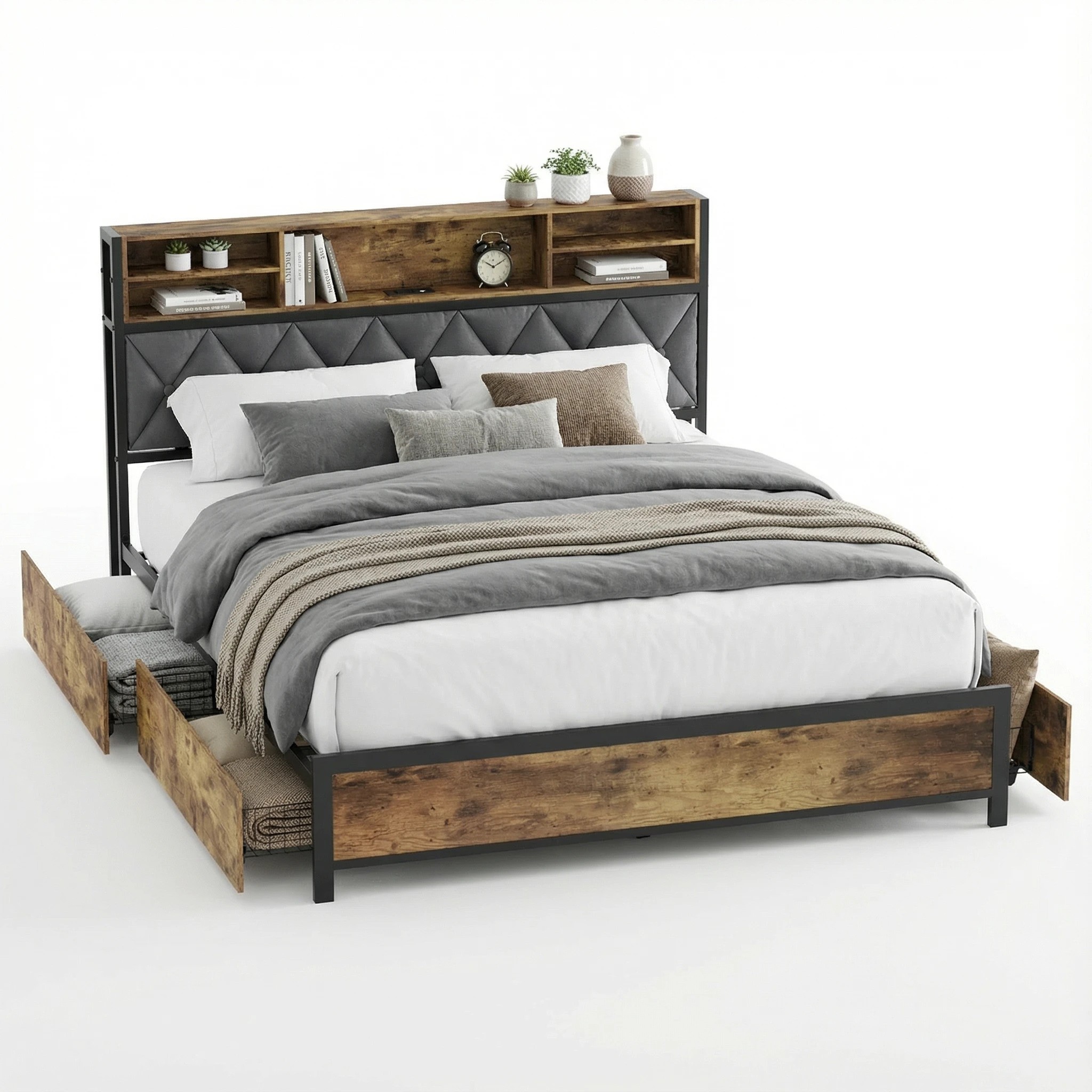 1 Advwin Double Size Bed Frame with 4 Storage Drawers and Charging Station, 1 of 7