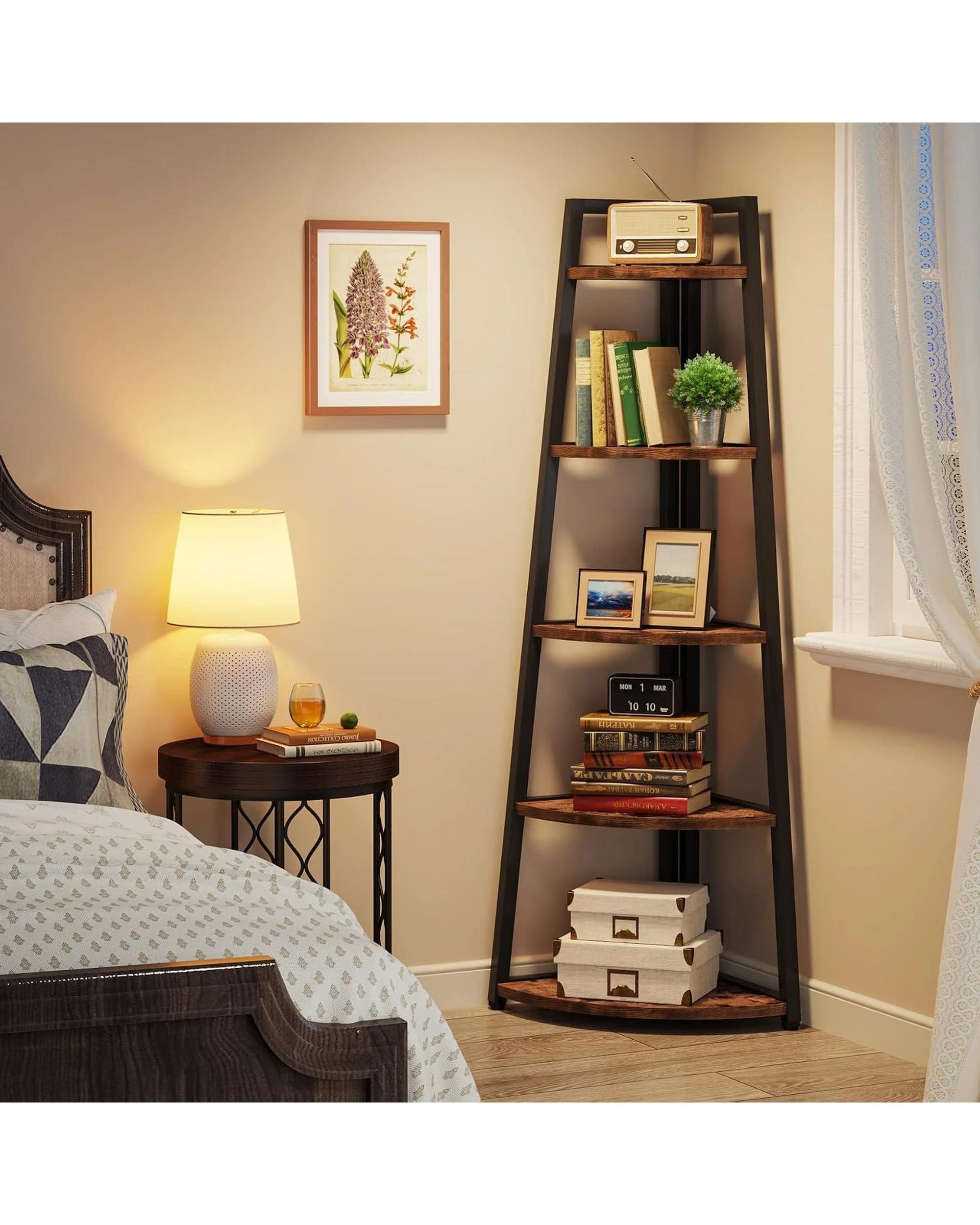 4 OAKORY 178cm Corner Shelf 5 Tier Storage Rack Bookcase Plant Stand Brown, 4 of 6