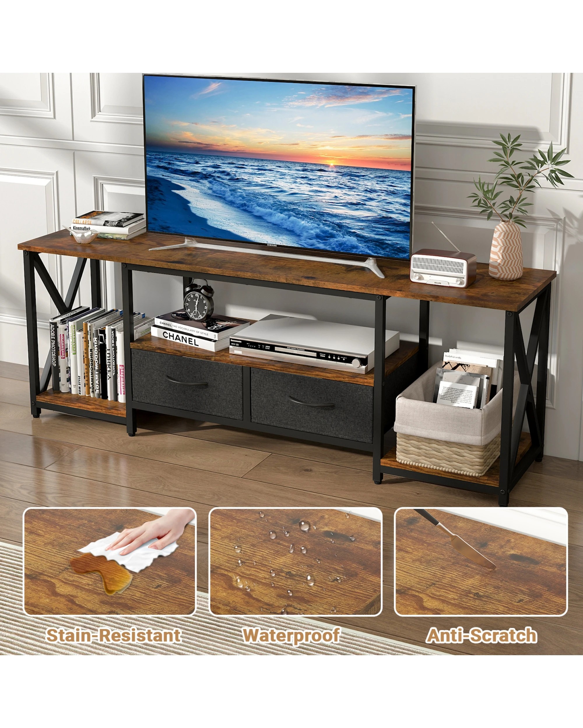 5 Advwin TV Cabinet 140cm Entertainment Unit Stand w/ Shelf & Drawers Media Console Walnut, 5 of 7