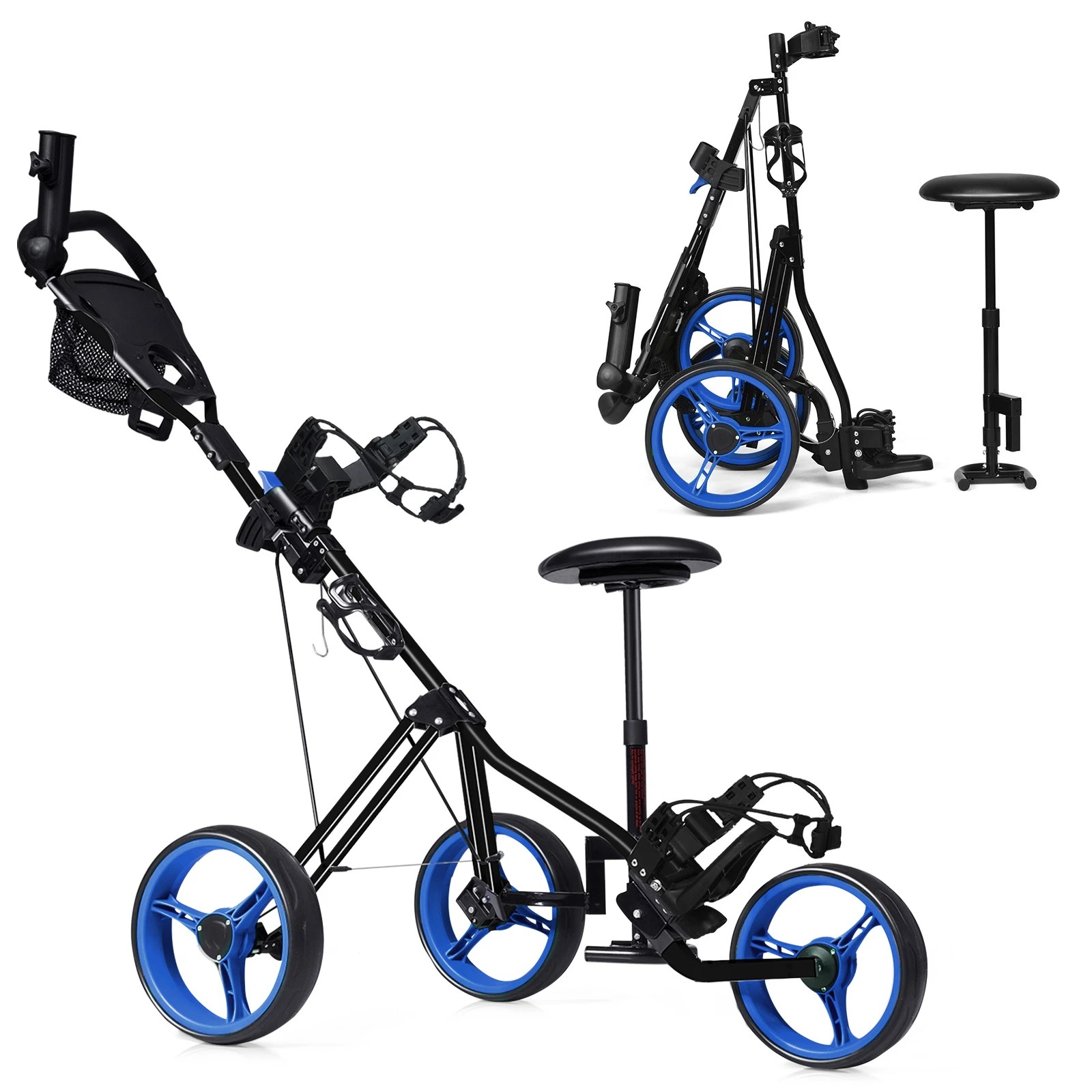 1 Costway 3 Wheel Folding Golf Push Cart Push Golf Trolley w/4-Position Adjustable Handle - Blue, 1 of 1
