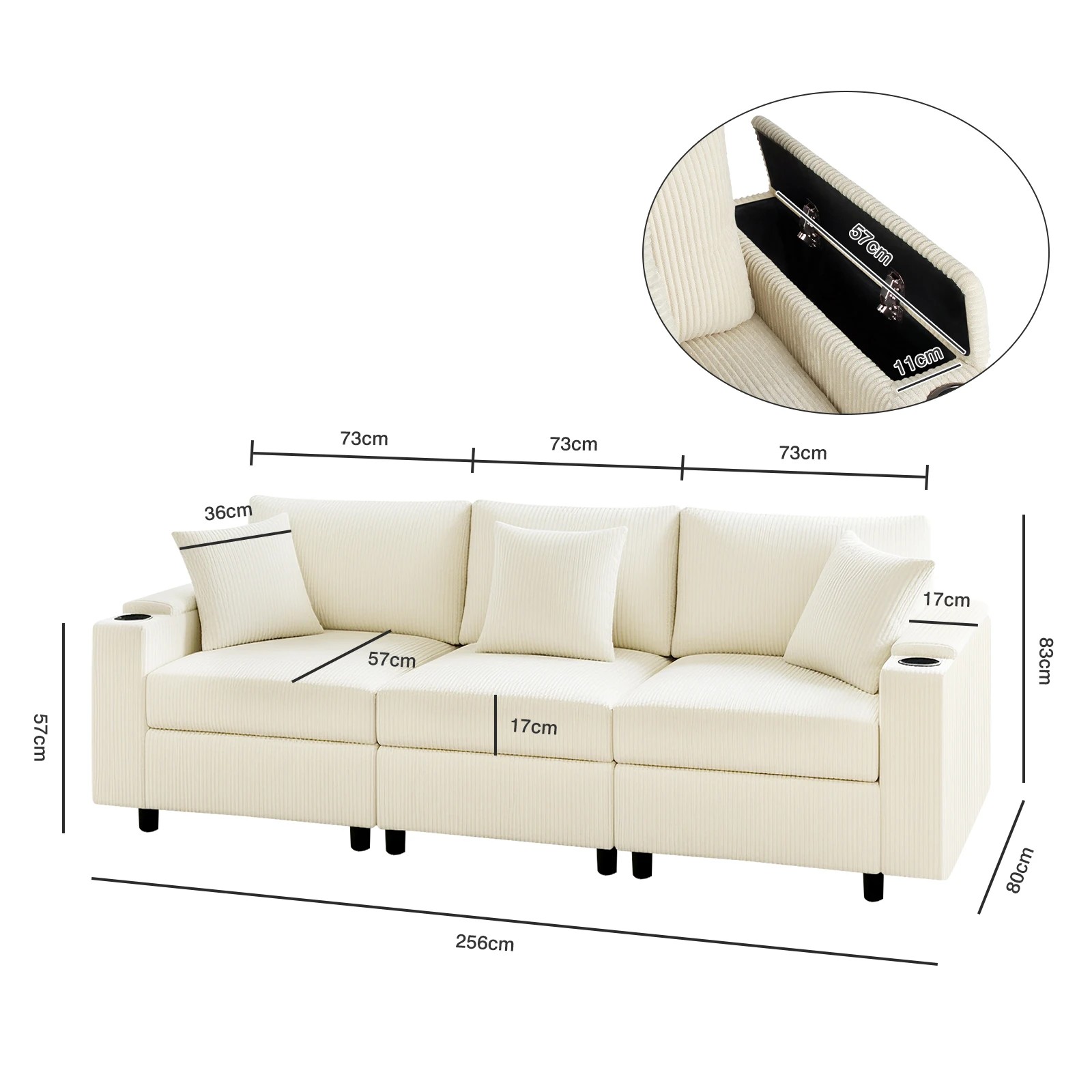 10 Advwin Sofa 256cm Corduroy Modular Couch with Storage Armrests and Cup Holder - Beige, 10 of 10