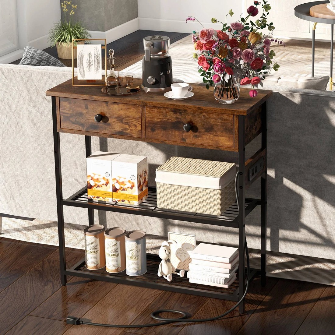2 Costway 3-Tier Industrial Console Table w/Charging Station Hallway Table - Brown, 2 of 10