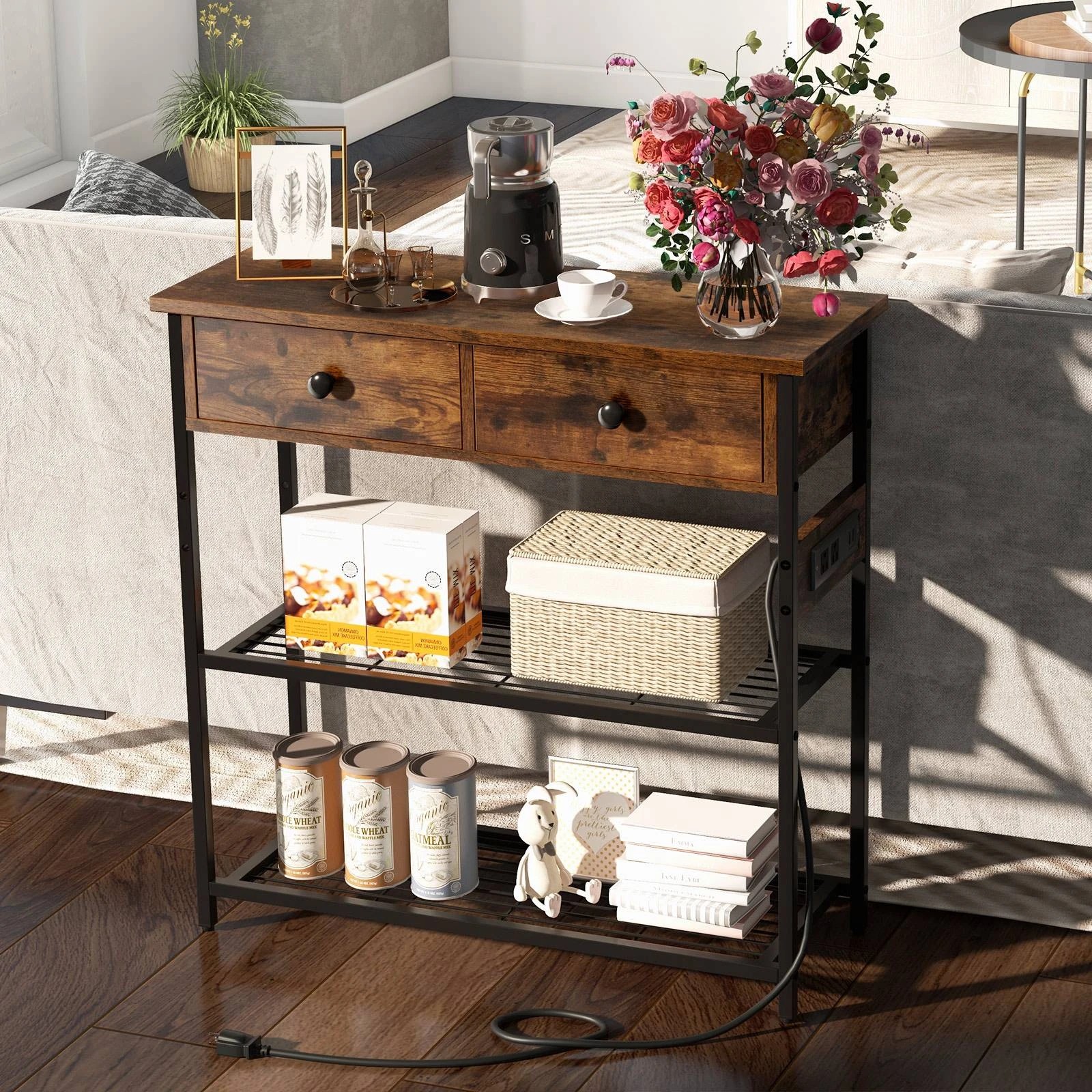 2 Costway 3-Tier Industrial Console Table w/Charging Station Hallway Table - Brown, 2 of 10