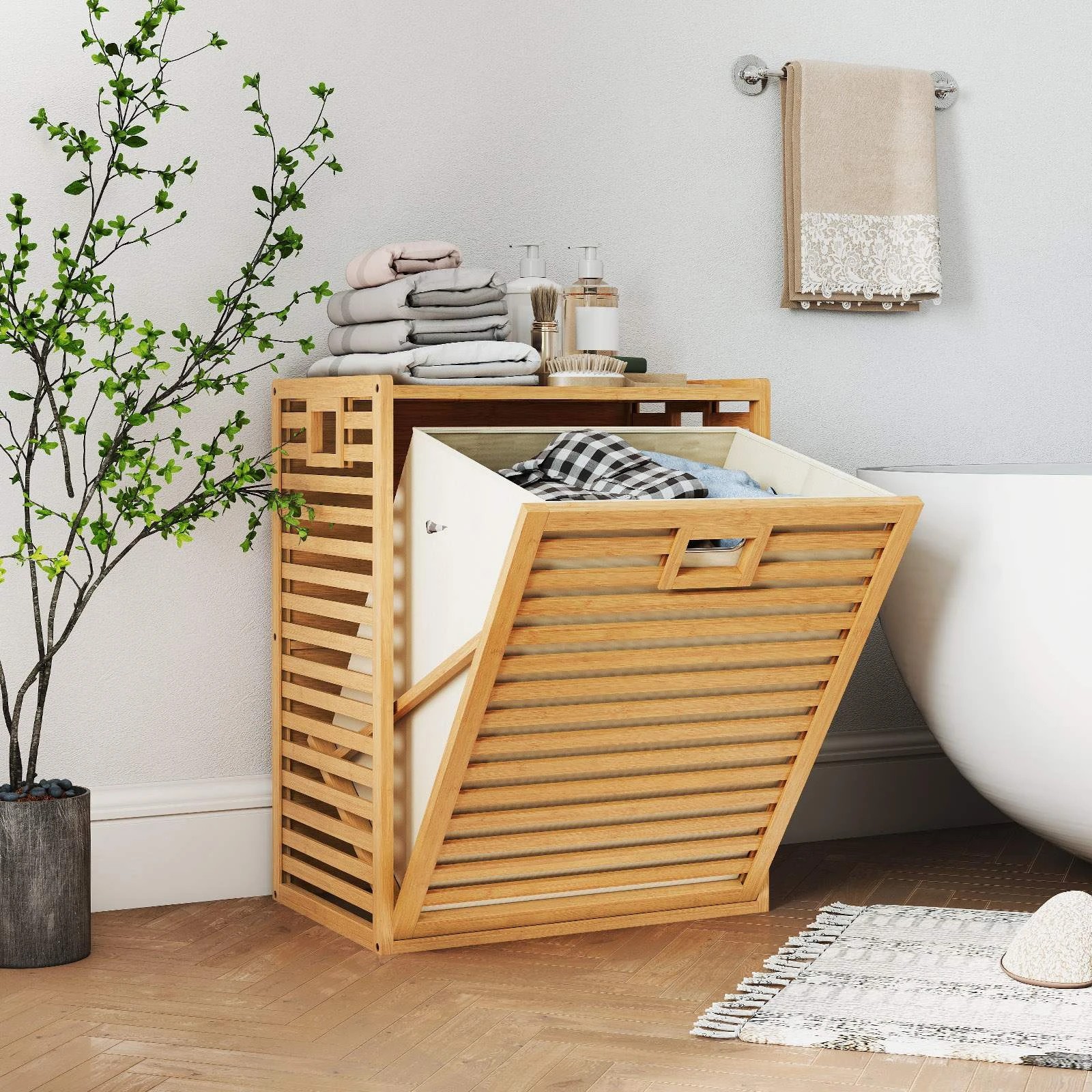3 Costway 68L Bamboo Laundry Hamper w/Removable Bin Tilt-Out Design, 3 of 4